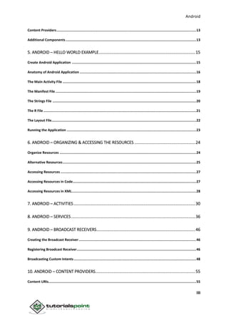 Android
iii
Content Providers..........................................................................................................................................13
Additional Components.................................................................................................................................13
5. ANDROID – HELLO WORLD EXAMPLE....................................................................................15
Create Android Application ...........................................................................................................................15
Anatomy of Android Application ...................................................................................................................16
The Main Activity File ....................................................................................................................................18
The Manifest File ...........................................................................................................................................19
The Strings File ..............................................................................................................................................20
The R File .......................................................................................................................................................21
The Layout File...............................................................................................................................................22
Running the Application ................................................................................................................................23
6. ANDROID – ORGANIZING & ACCESSING THE RESOURCES .....................................................24
Organize Resources .......................................................................................................................................24
Alternative Resources....................................................................................................................................25
Accessing Resources ......................................................................................................................................27
Accessing Resources in Code..........................................................................................................................27
Accessing Resources in XML...........................................................................................................................28
7. ANDROID – ACTIVITIES..........................................................................................................30
8. ANDROID – SERVICES............................................................................................................36
9. ANDROID – BROADCAST RECEIVERS......................................................................................46
Creating the Broadcast Receiver ....................................................................................................................46
Registering Broadcast Receiver......................................................................................................................46
Broadcasting Custom Intents.........................................................................................................................48
10. ANDROID – CONTENT PROVIDERS.......................................................................................55
Content URIs..................................................................................................................................................55
 