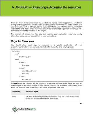 Android
40
There are many more items which you use to build a good Android application. Apart from
coding for the application, you take care of various other resources like static content that
your code uses, such as bitmaps, colors, layout definitions, user interface strings, animation
instructions, and more. These resources are always maintained separately in various sub-
directories under res/ directory of the project.
This tutorial will explain you how you can organize your application resources, specify
alternative resources and access them in your applications.
OrganizeResources
You should place each type of resource in a specific subdirectory of your
project's res/directory. For example, here's the file hierarchy for a simple project:
MyProject/
src/
MyActivity.java
res/
drawable/
icon.png
layout/
activity_main.xml
info.xml
values/
strings.xml
The res/ directory contains all the resources in various sub-directories. Here we have an
image resource, two layout resources, and a string resource file. Following table gives a detail
about the resource directories supported inside project res/ directory.
Directory Resource Type
anim/ XML files that define property animations. They are saved in res/anim/
folder and accessed from the R.anim class.
6. ANDROID– Organizing&Accessingthe resources
 