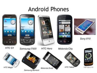 Android Phones
Motorola CliqHTC G1 HTC HeroSamsung i7500
Samsung Moment
Motorola DroidHTC Magic HTC Tattoo
Sony X10
 