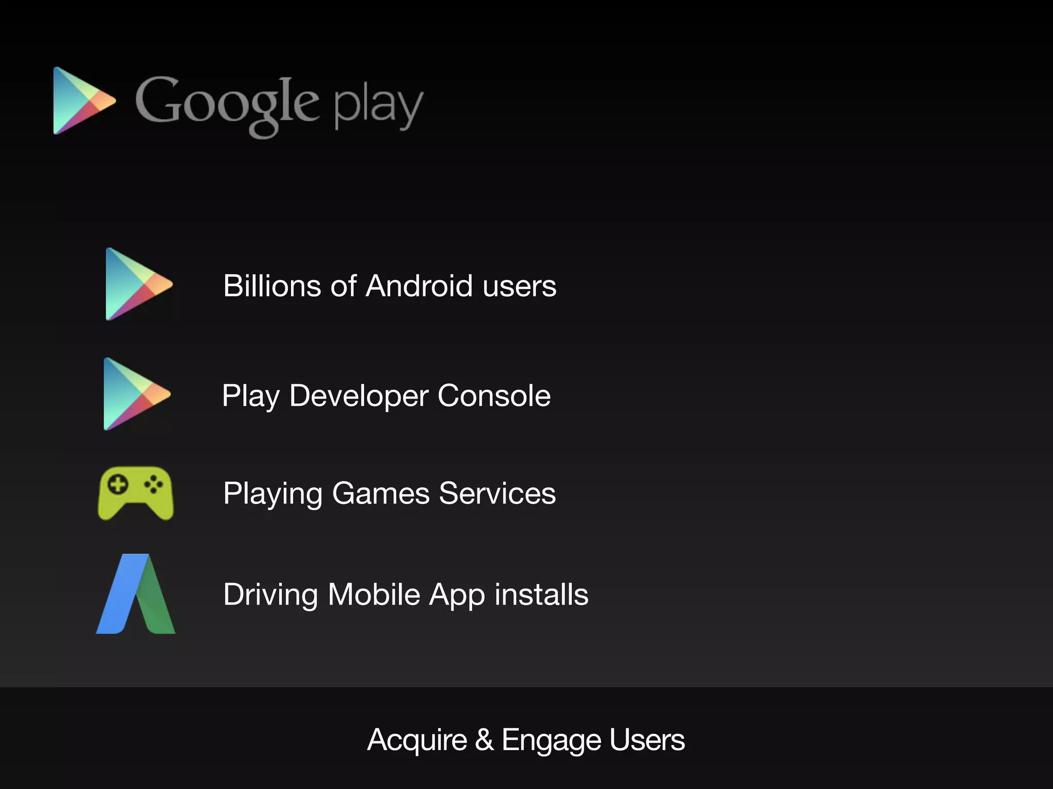 Acquire & Engage Users
Playing Games Services
Driving Mobile App installs
Billions of Android users
Play Developer Console