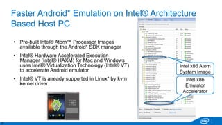27
Intel x86
Emulator
Accelerator
Intel x86 Atom
System Image
Faster Android* Emulation on Intel® Architecture
Based Host PC
• Pre-built Intel® Atom™ Processor Images
available through the Android* SDK manager
• Intel® Hardware Accelerated Execution
Manager (Intel® HAXM) for Mac and Windows
uses Intel® Virtualization Technology (Intel® VT)
to accelerate Android emulator
• Intel® VT is already supported in Linux* by kvm
kernel driver
 