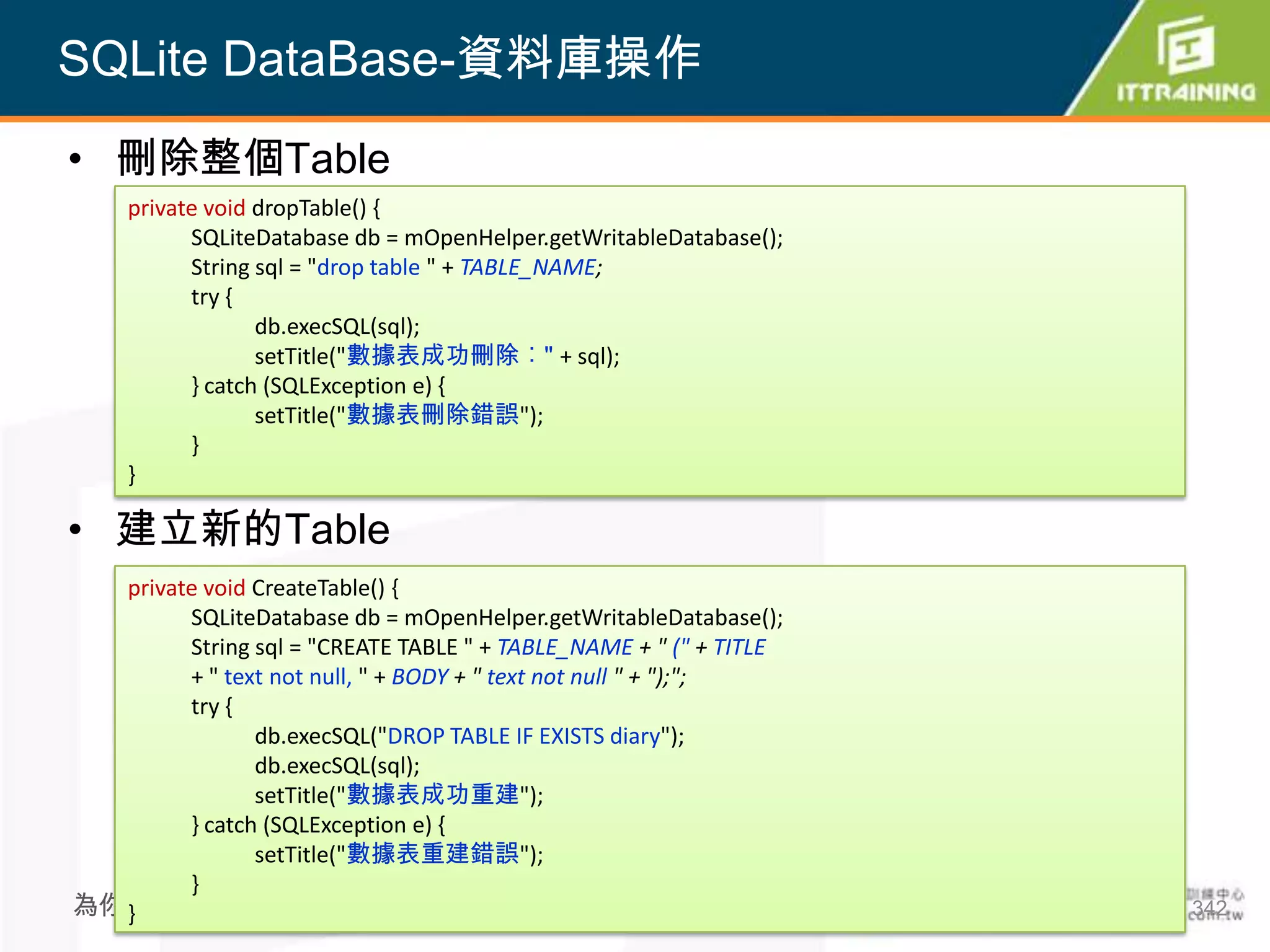 SQLite DataBase-資料庫操作
• 刪除整個Table
    private void dropTable() {
          SQLiteDatabase db = mOpenHelper.getWritableDatabase();
          String sql = "drop table " + TABLE_NAME;
          try {
                 db.execSQL(sql);
                 setTitle("數據表成功刪除︰" + sql);
          } catch (SQLException e) {
                 setTitle("數據表刪除錯誤");
          }
    }

• 建立新的Table
  private void CreateTable() {
        SQLiteDatabase db = mOpenHelper.getWritableDatabase();
        String sql = "CREATE TABLE " + TABLE_NAME + " (" + TITLE
        + " text not null, " + BODY + " text not null " + ");";
        try {
               db.execSQL("DROP TABLE IF EXISTS diary");
               db.execSQL(sql);
               setTitle("數據表成功重建");
        } catch (SQLException e) {
               setTitle("數據表重建錯誤");
        }
為你把關每一道 學習品質
  }                                                                342
 