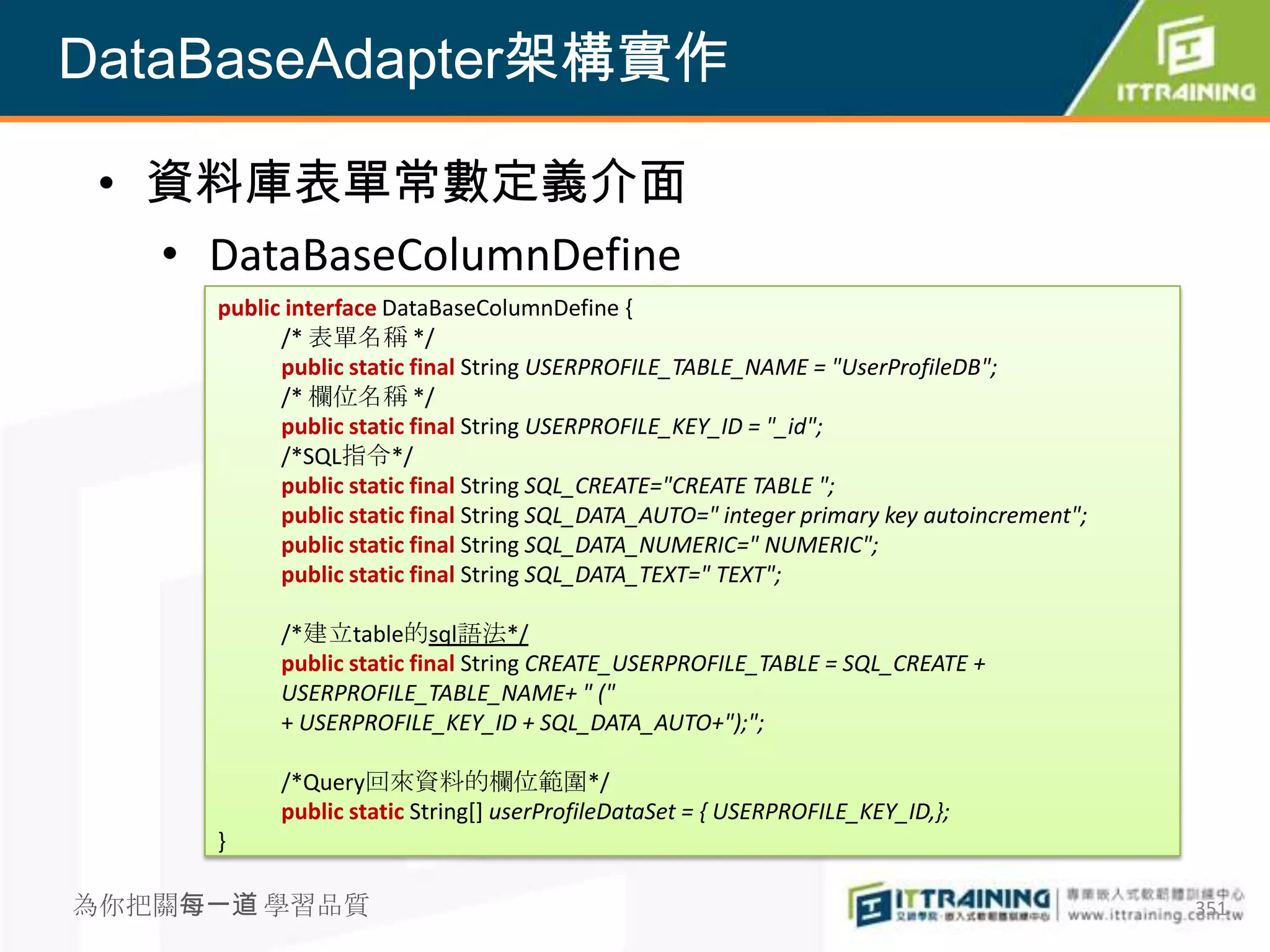 DataBaseAdapter架構實作

 • 資料庫表單常數定義介面
   • DataBaseColumnDefine
     public interface DataBaseColumnDefine {
           /* 表單名稱 */
           public static final String USERPROFILE_TABLE_NAME = "UserProfileDB";
           /* 欄位名稱 */
           public static final String USERPROFILE_KEY_ID = "_id";
           /*SQL指令*/
           public static final String SQL_CREATE="CREATE TABLE ";
           public static final String SQL_DATA_AUTO=" integer primary key autoincrement";
           public static final String SQL_DATA_NUMERIC=" NUMERIC";
           public static final String SQL_DATA_TEXT=" TEXT";

           /*建立table的sql語法*/
           public static final String CREATE_USERPROFILE_TABLE = SQL_CREATE +
           USERPROFILE_TABLE_NAME+ " ("
           + USERPROFILE_KEY_ID + SQL_DATA_AUTO+");";

           /*Query回來資料的欄位範圍*/
           public static String[] userProfileDataSet = { USERPROFILE_KEY_ID,};
     }

為你把關每一道 學習品質                                                                                351
 