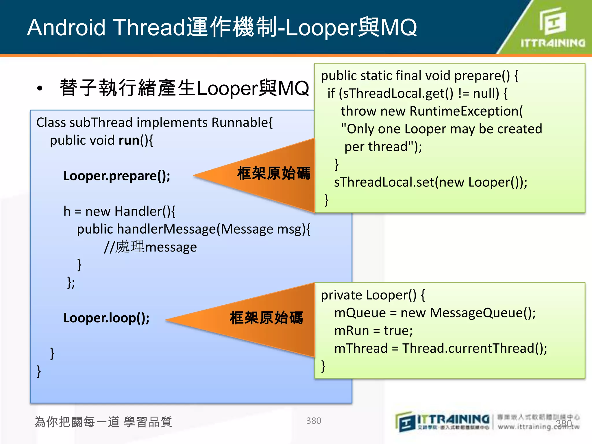 Android Thread運作機制-Looper與MQ
                                            public static final void prepare() {
• 替子執行緒產生Looper與MQ if (sThreadLocal.get() != null) {
                                                 throw new RuntimeException(
Class subThread implements Runnable{             "Only one Looper may be created
  public void run(){                              per thread");
                                               }
    Looper.prepare();          框架原始碼
                                               sThreadLocal.set(new Looper());
                                             }
    h = new Handler(){
        public handlerMessage(Message msg){
            //處理message
        }
     };
                                            private Looper() {
    Looper.loop();             框架原始碼           mQueue = new MessageQueue();
                                               mRun = true;
  }                                            mThread = Thread.currentThread();
}                                           }


為你把關每一道 學習品質                              380                                      380
 