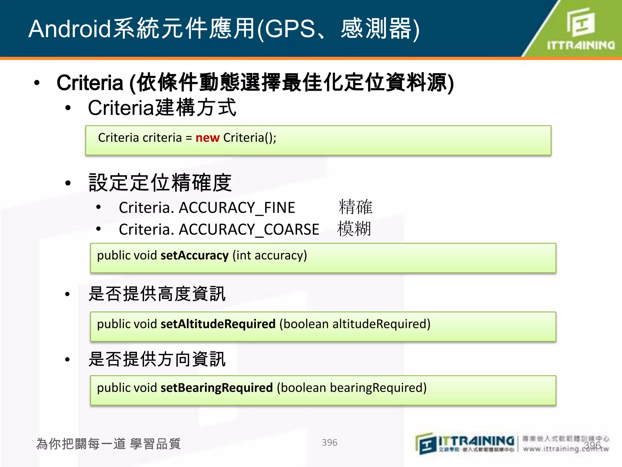 Android系統元件應用(GPS、感測器)

• Criteria (依條件動態選擇最佳化定位資料源)
   • Criteria建構方式
     Criteria criteria = new Criteria();


  • 設定定位精確度
    • Criteria. ACCURACY_FINE   精確
    • Criteria. ACCURACY_COARSE 模糊
     public void setAccuracy (int accuracy)

  • 是否提供高度資訊
     public void setAltitudeRequired (boolean altitudeRequired)

  • 是否提供方向資訊
     public void setBearingRequired (boolean bearingRequired)



為你把關每一道 學習品質                                  396                 396
 