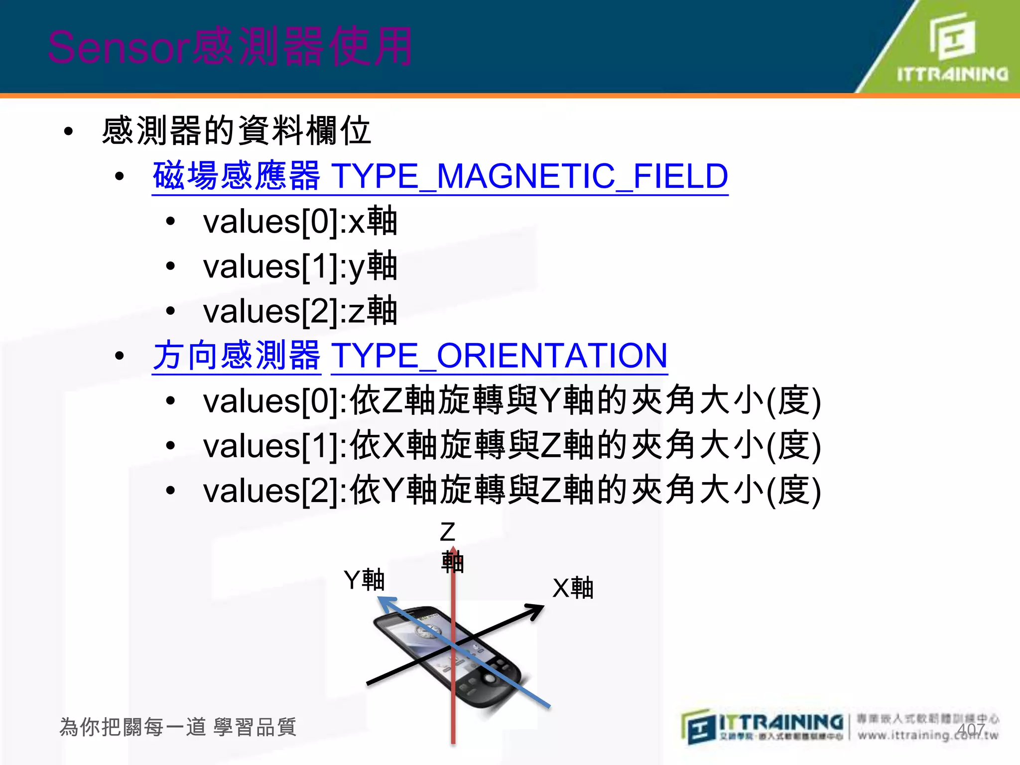 Sensor感測器使用
• 感測器的資料欄位
  • 磁場感應器 TYPE_MAGNETIC_FIELD
    • values[0]:x軸
    • values[1]:y軸
    • values[2]:z軸
  • 方向感測器 TYPE_ORIENTATION
    • values[0]:依Z軸旋轉與Y軸的夾角大小(度)
    • values[1]:依X軸旋轉與Z軸的夾角大小(度)
    • values[2]:依Y軸旋轉與Z軸的夾角大小(度)
                    Z
                    軸
               Y軸       X軸




為你把關每一道 學習品質                       407
 
