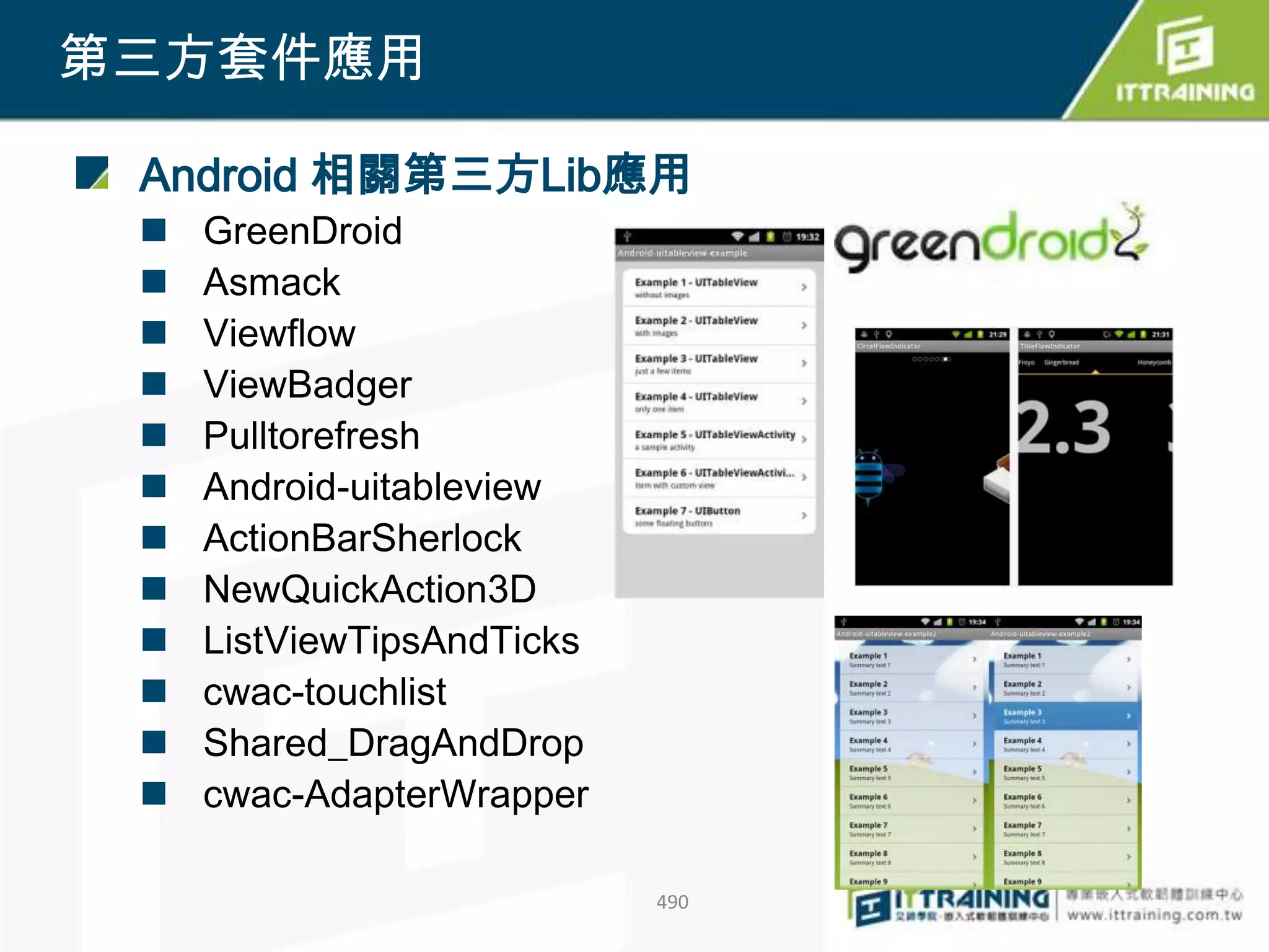 第三方套件應用

 Android 相關第三方Lib應用
    GreenDroid
    Asmack
    Viewflow
    ViewBadger
    Pulltorefresh
    Android-uitableview
    ActionBarSherlock
    NewQuickAction3D
    ListViewTipsAndTicks
    cwac-touchlist
    Shared_DragAndDrop
    cwac-AdapterWrapper

                            490
 