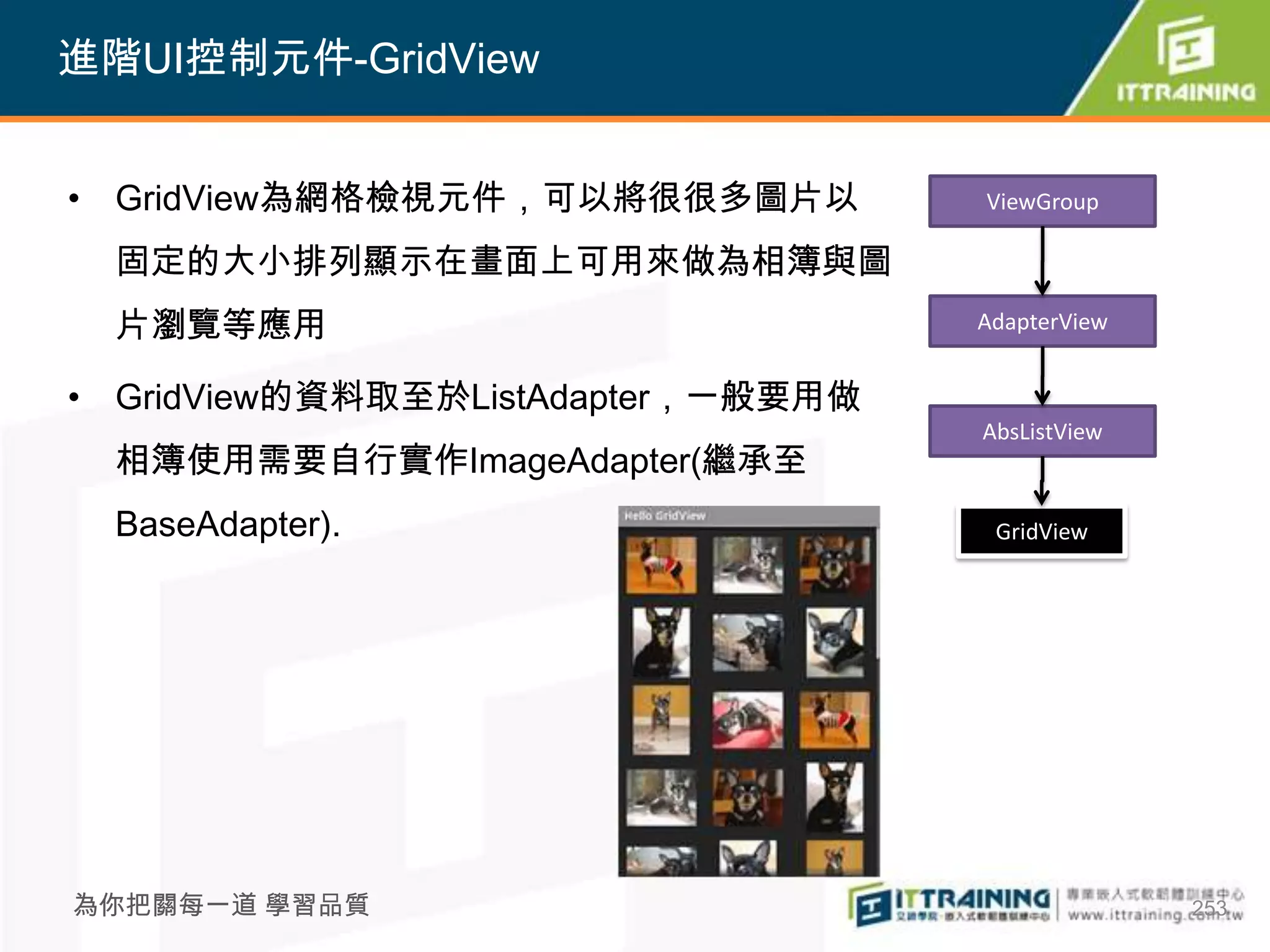 進階UI控制元件-GridView


• GridView為網格檢視元件，可以將很很多圖片以         ViewGroup

  固定的大小排列顯示在畫面上可用來做為相簿與圖
  片瀏覽等應用                            AdapterView


• GridView的資料取至於ListAdapter，一般要用做
                                    AbsListView
  相簿使用需要自行實作ImageAdapter(繼承至
  BaseAdapter).                      GridView




為你把關每一道 學習品質                                      253
 