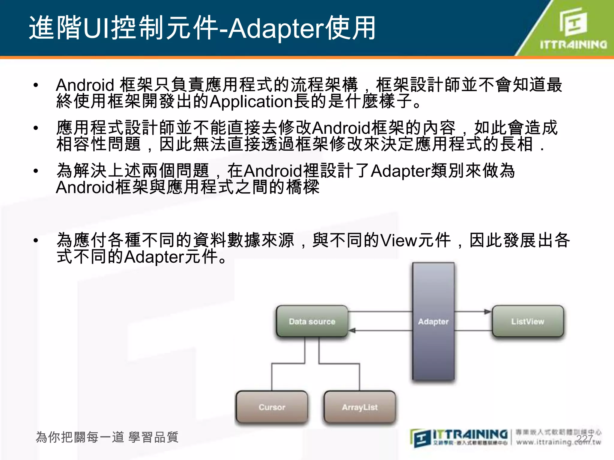 進階UI控制元件-Adapter使用
• Android 框架只負責應用程式的流程架構，框架設計師並不會知道最
  終使用框架開發出的Application長的是什麼樣子。
• 應用程式設計師並不能直接去修改Android框架的內容，如此會造成
  相容性問題，因此無法直接透過框架修改來決定應用程式的長相．
• 為解決上述兩個問題，在Android裡設計了Adapter類別來做為
  Android框架與應用程式之間的橋樑


• 為應付各種不同的資料數據來源，與不同的View元件，因此發展出各
  式不同的Adapter元件。




為你把關每一道 學習品質                           227
 