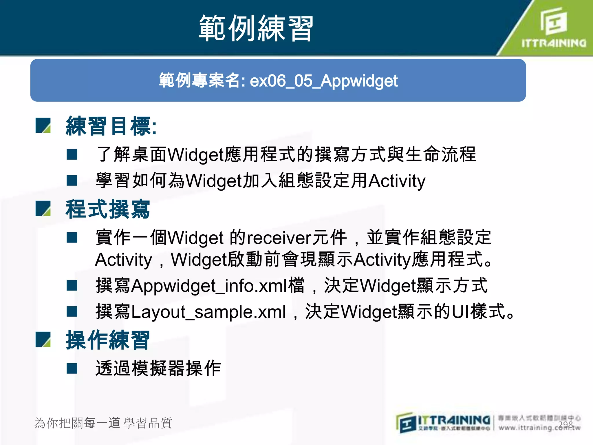 範例練習
          範例專案名: ex06_05_Appwidget

  練習目標:
   了解桌面Widget應用程式的撰寫方式與生命流程
   學習如何為Widget加入組態設定用Activity
  程式撰寫
   實作一個Widget 的receiver元件，並實作組態設定
    Activity，Widget啟動前會現顯示Activity應用程式。
   撰寫Appwidget_info.xml檔，決定Widget顯示方式
   撰寫Layout_sample.xml，決定Widget顯示的UI樣式。
  操作練習
   透過模擬器操作

為你把關每一道 學習品質                               298
 
