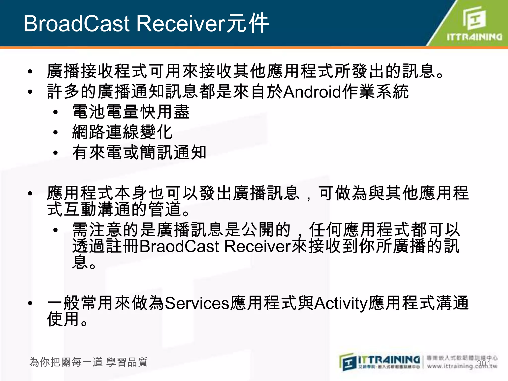 BroadCast Receiver元件

• 廣播接收程式可用來接收其他應用程式所發出的訊息。
• 許多的廣播通知訊息都是來自於Android作業系統
  • 電池電量快用盡
  • 網路連線變化
  • 有來電或簡訊通知

• 應用程式本身也可以發出廣播訊息，可做為與其他應用程
  式互動溝通的管道。
  • 需注意的是廣播訊息是公開的，任何應用程式都可以
    透過註冊BraodCast Receiver來接收到你所廣播的訊
    息。

• 一般常用來做為Services應用程式與Activity應用程式溝通
  使用。

為你把關每一道 學習品質                           301
 