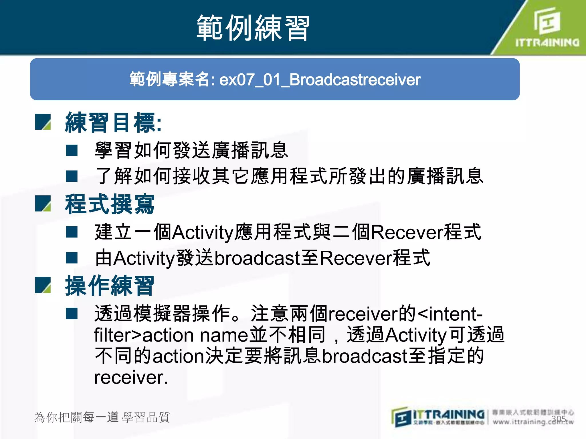 範例練習
        範例專案名: ex07_01_Broadcastreceiver

  練習目標:
   學習如何發送廣播訊息
   了解如何接收其它應用程式所發出的廣播訊息
  程式撰寫
   建立一個Activity應用程式與二個Recever程式
   由Activity發送broadcast至Recever程式
  操作練習
   透過模擬器操作。注意兩個receiver的<intent-
    filter>action name並不相同，透過Activity可透過
    不同的action決定要將訊息broadcast至指定的
    receiver.
為你把關每一道 學習品質                               305
 