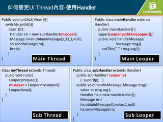 如何變更UI Thread內容-使用Handler

Public void onClick(View V){                       Public class mainHandler extends
  switch(v.getId()){                               Handler{
    case 101:                                        public mainHandler() {
     Handler sh = new subHandler(mLooper);           super(Looper.getMainLooper());}
     Message m=sh.obtainMessage(1,33,1,null);        public void handleMessage(
     sh.sendMessage(m);                                          Message msg){
     break;                                            setTitle(" " +msg.arg1);
   }                                                 }
}                                                  }

Class myThread extends Thread{          Public class subHandler extends Handler{
  pubic void run(){                       public subHandler( Looper lp)
    Looper.prepare();                       { super(lp); }
    mLooper = Looper.myLooper();          public void handleMessage(Message msg){
    Looper.loop();                          value += msg.arg1;
  }                                         Handler ha = new mainHandler();
}                                           Message m =
                                            ha.obtainMessage(1,value,1,null)
                                            ha.sendMessage(m);
    為你把關每一道 學習品質
                                          }    385                                  385
                                        }
 