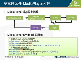 多媒體元件-MediaPlayer元件

• MediaPlayer播放控制流程
                               prepare()
  setDataSource()                                      start()      pause()
                            prepareAsync()



                               reset()                stop()


• MediaPlayer的Video畫面顯示
  /* 設定SufaceView Callback介面 */
  surfaceHolder = surfaceView.getHolder();
  surfaceHolder.addCallback(this);
  surfaceHolder.setType(SurfaceHolder.SURFACE_TYPE_PUSH_BUFFERS);
  /* 設定mediaplayer參數 */
  mediaPlayer = new MediaPlayer();
  mediaPlayer.setAudioStreamType(AudioManager.STREAM_MUSIC);
  mediaPlayer.setDisplay(surfaceHolder);
為你把關每一道 學習品質                              440                                 440
 