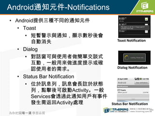 Android通知元件-Notifications
• Android提供三種不同的通知元件
   • Toast
      • 短暫警示與通知，顯示數秒後會
        自動消失                      Toast Notification

   • Dialog
      • 對話窗可與使用者做簡單交談式
        互動，一般用來做進度提示或確
        認使用者的需求。                  Dialog Notification

   • Status Bar Notification
      • 位於訊息列，訊息會長註於狀態
        列，點擊後可啟動Activity。一般
        Services會透過此通知用戶有事件
        發生需返回Activity處理        Status Bar Notification
                                                         268
為你把關每一道 學習品質
 