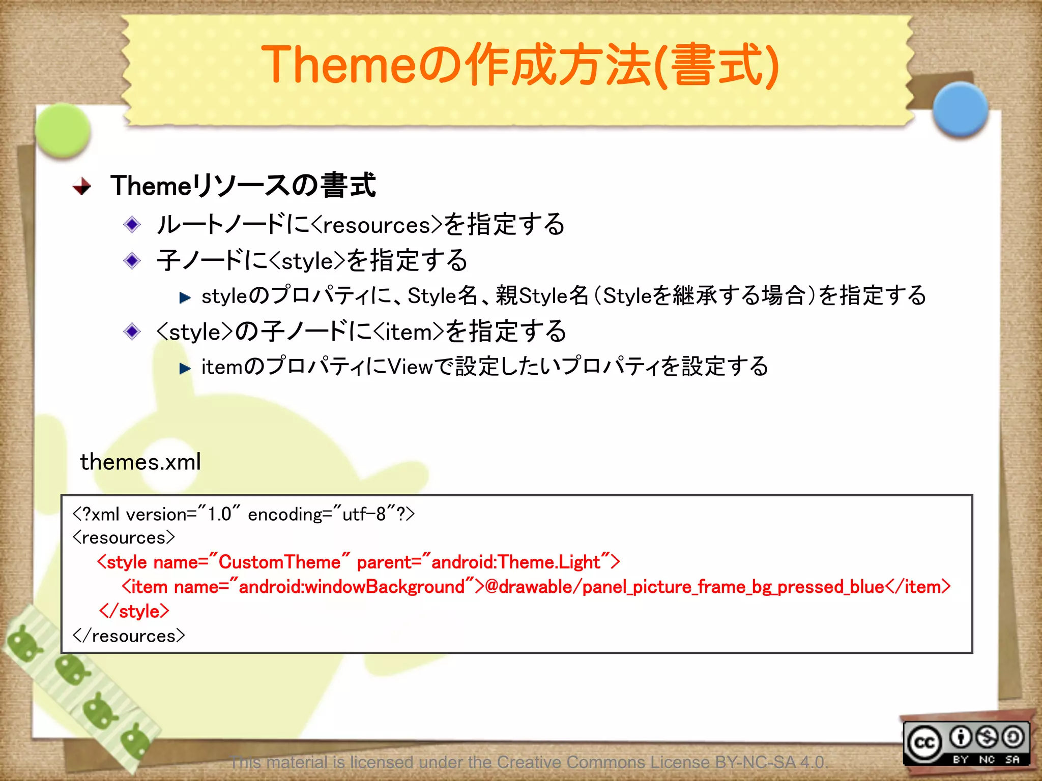 Ⅶ - 111
Themeの作成方法(書式)
! Themeリソースの書式	
! ルートノードに<resources>を指定する	
! 子ノードに<style>を指定する	
! styleのプロパティに、Style名、親Style名（Styleを継承する場合）を指定する	
! <style>の子ノードに<item>を指定する	
! itemのプロパティにViewで設定したいプロパティを設定する	
<?xml version="1.0" encoding="utf-8"?>	
<resources>	
<style name="CustomTheme" parent="android:Theme.Light">	
<item name="android:windowBackground">@drawable/panel_picture_frame_bg_pressed_blue</item>	
　　</style>	
</resources>	
themes.xml	
This material is licensed under the Creative Commons License BY-NC-SA 4.0.
 