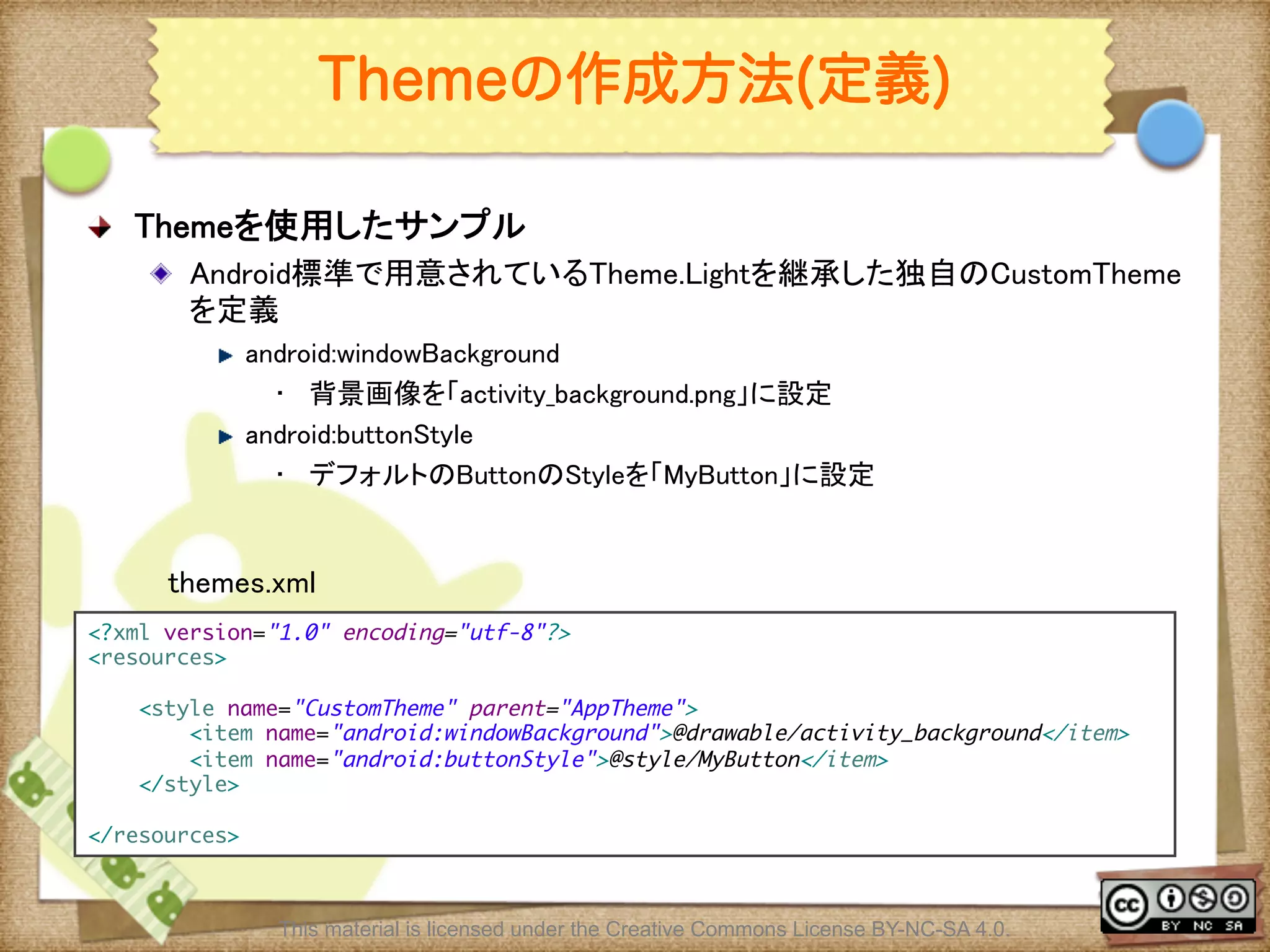 Ⅶ - 112
Themeの作成方法(定義)
! Themeを使用したサンプル	
! Android標準で用意されているTheme.Lightを継承した独自のCustomTheme
を定義	
! android:windowBackground	
•  背景画像を「activity_background.png」に設定	
! android:buttonStyle	
•  デフォルトのButtonのStyleを「MyButton」に設定	
<?xml version="1.0" encoding="utf-8"?>	
<resources>	
	
<style name="CustomTheme" parent="AppTheme">	
<item name="android:windowBackground">@drawable/activity_background</item>	
<item name="android:buttonStyle">@style/MyButton</item>	
</style>	
	
</resources>	
themes.xml	
This material is licensed under the Creative Commons License BY-NC-SA 4.0.
 