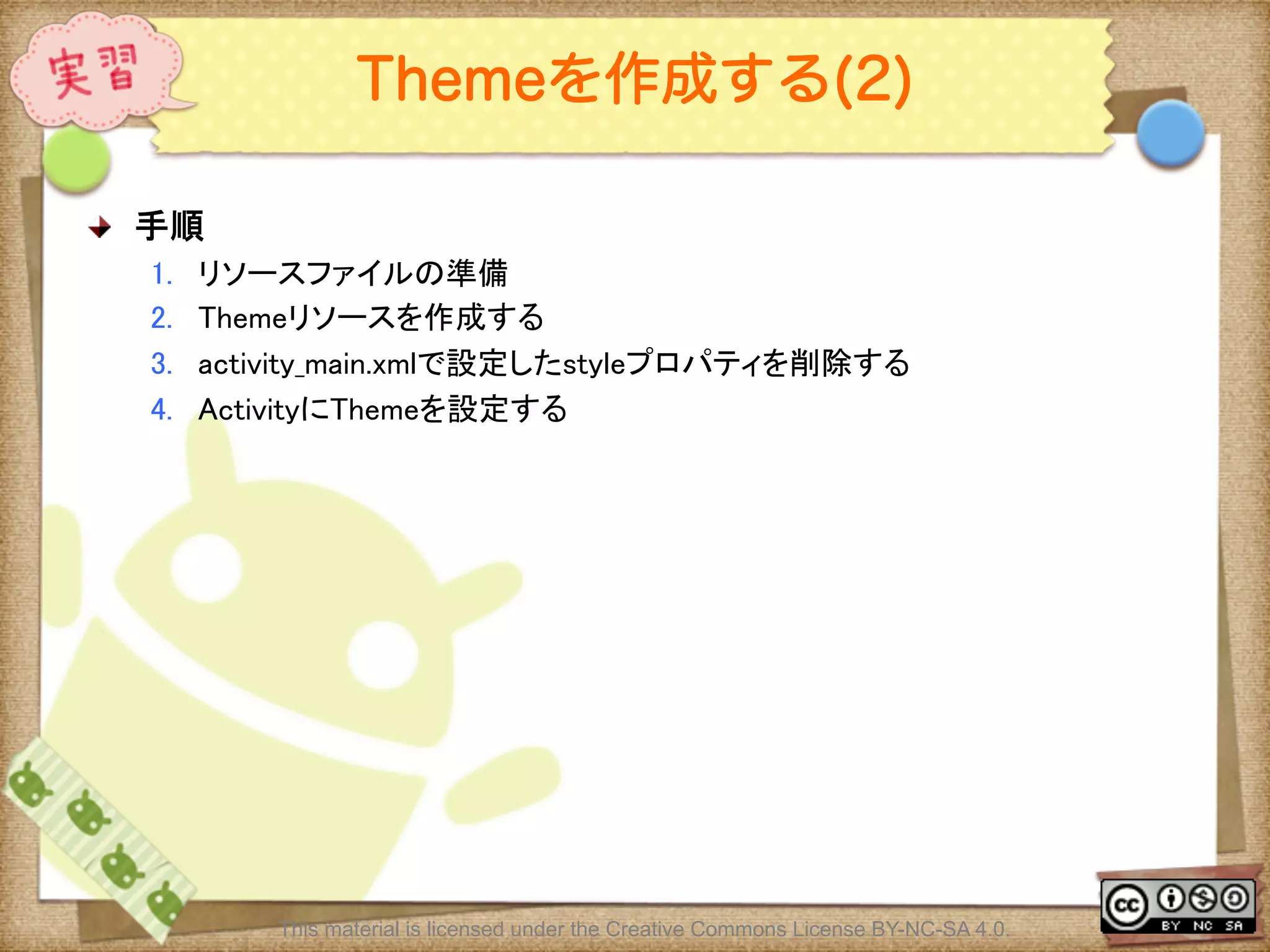 Ⅶ - 116
Themeを作成する(2)
! 手順	
1.  リソースファイルの準備	
2.  Themeリソースを作成する	
3.  activity_main.xmlで設定したstyleプロパティを削除する	
4.  ActivityにThemeを設定する	
This material is licensed under the Creative Commons License BY-NC-SA 4.0.
 