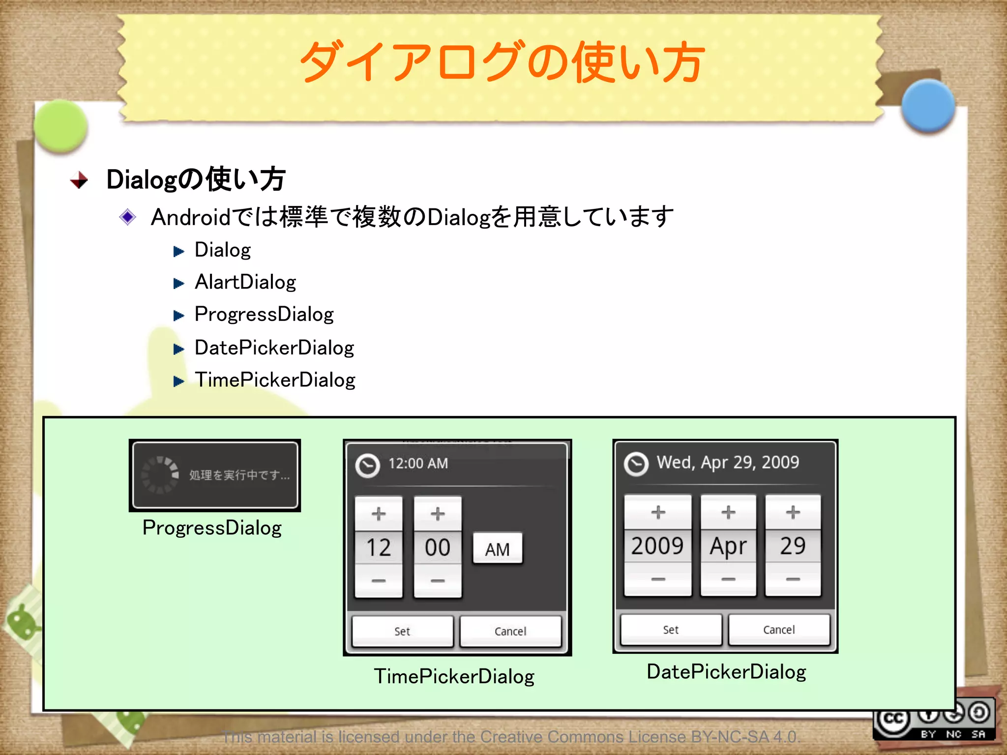 Ⅶ - 123
ダイアログの使い方
! Dialogの使い方	
! Androidでは標準で複数のDialogを用意しています	
! Dialog	
! AlartDialog	
! ProgressDialog	
! DatePickerDialog	
! TimePickerDialog	
ProgressDialog	
TimePickerDialog	
 DatePickerDialog	
This material is licensed under the Creative Commons License BY-NC-SA 4.0.
 