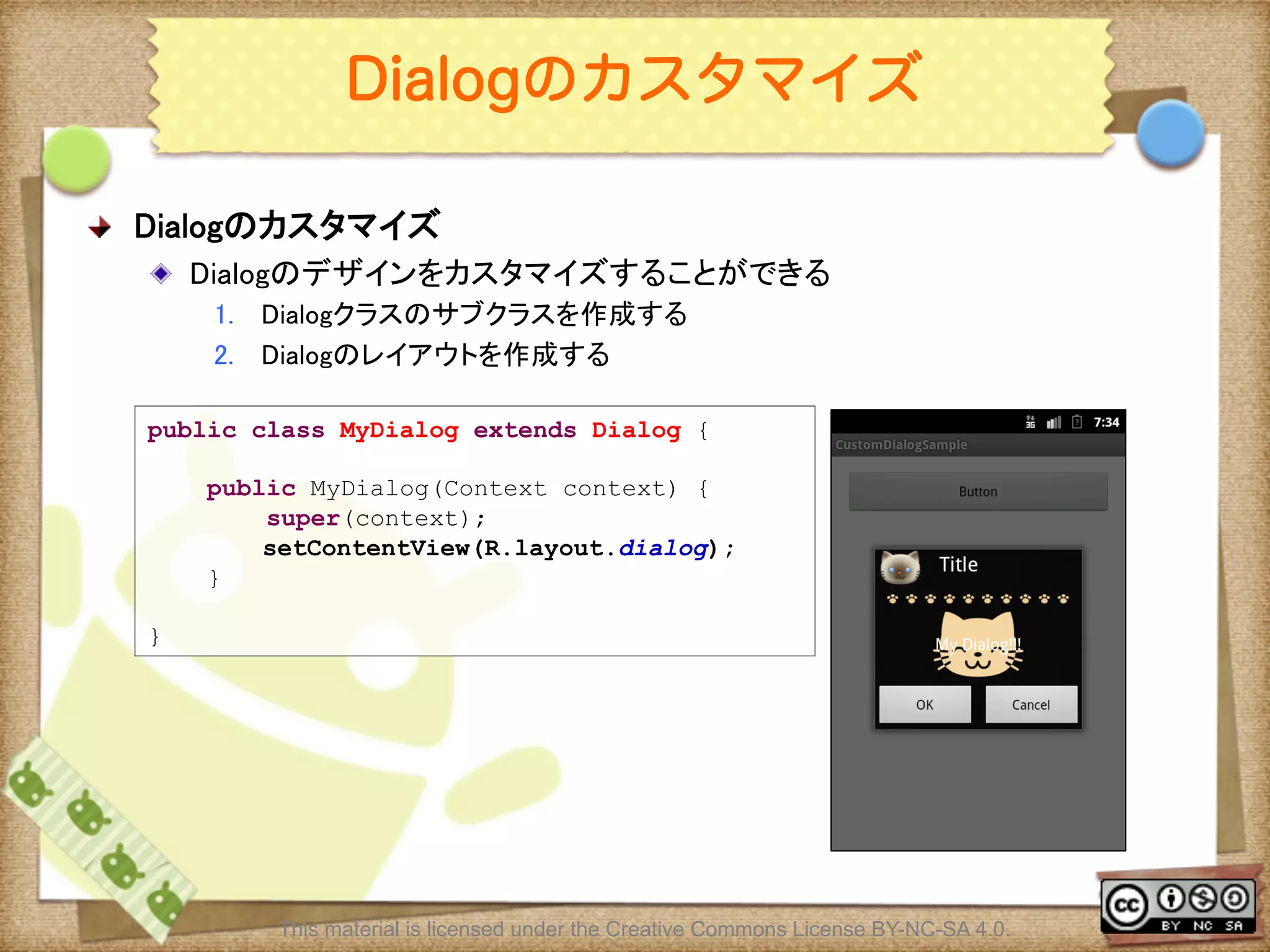 Ⅶ - 124
Dialogのカスタマイズ
! Dialogのカスタマイズ	
! Dialogのデザインをカスタマイズすることができる	
1.  Dialogクラスのサブクラスを作成する	
2.  Dialogのレイアウトを作成する	
public class MyDialog extends Dialog {
public MyDialog(Context context) {
super(context);
　　　　　　　setContentView(R.layout.dialog);
}
}
This material is licensed under the Creative Commons License BY-NC-SA 4.0.
 