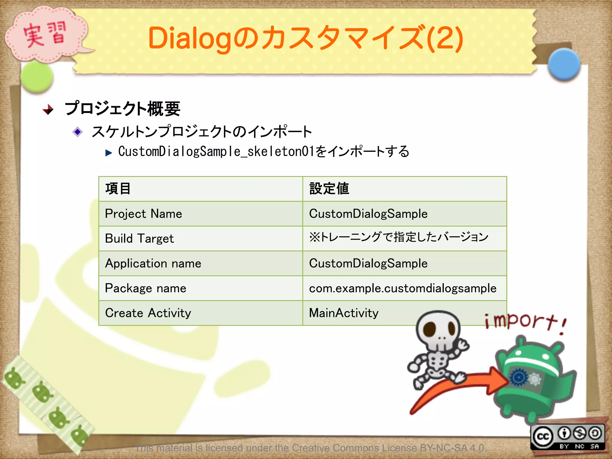 Ⅶ - 126
Dialogのカスタマイズ(2)
! プロジェクト概要	
 
! スケルトンプロジェクトのインポート	
 
! CustomDialogSample_skeleton01をインポートする	
This material is licensed under the Creative Commons License BY-NC-SA 4.0.
項目	
 設定値	
Project Name	
 CustomDialogSample	
Build Target	
 ※トレーニングで指定したバージョン	
Application name	
 CustomDialogSample	
Package name	
 com.example.customdialogsample	
Create Activity	
 MainActivity	
 