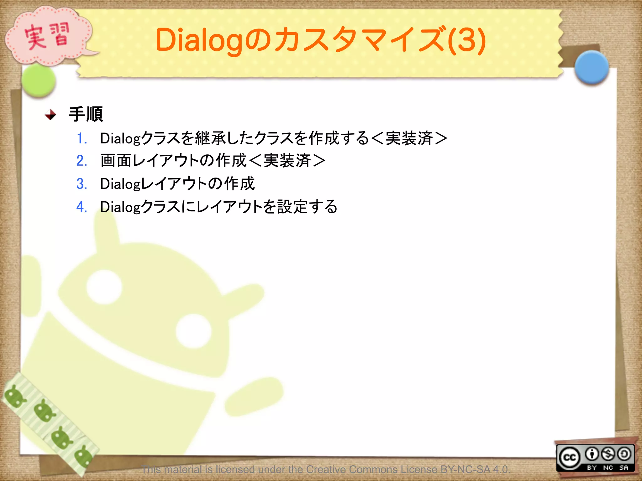 Ⅶ - 127
Dialogのカスタマイズ(3)
! 手順	
1.  Dialogクラスを継承したクラスを作成する＜実装済＞	
2.  画面レイアウトの作成＜実装済＞	
3.  Dialogレイアウトの作成	
4.  Dialogクラスにレイアウトを設定する	
This material is licensed under the Creative Commons License BY-NC-SA 4.0.
 
