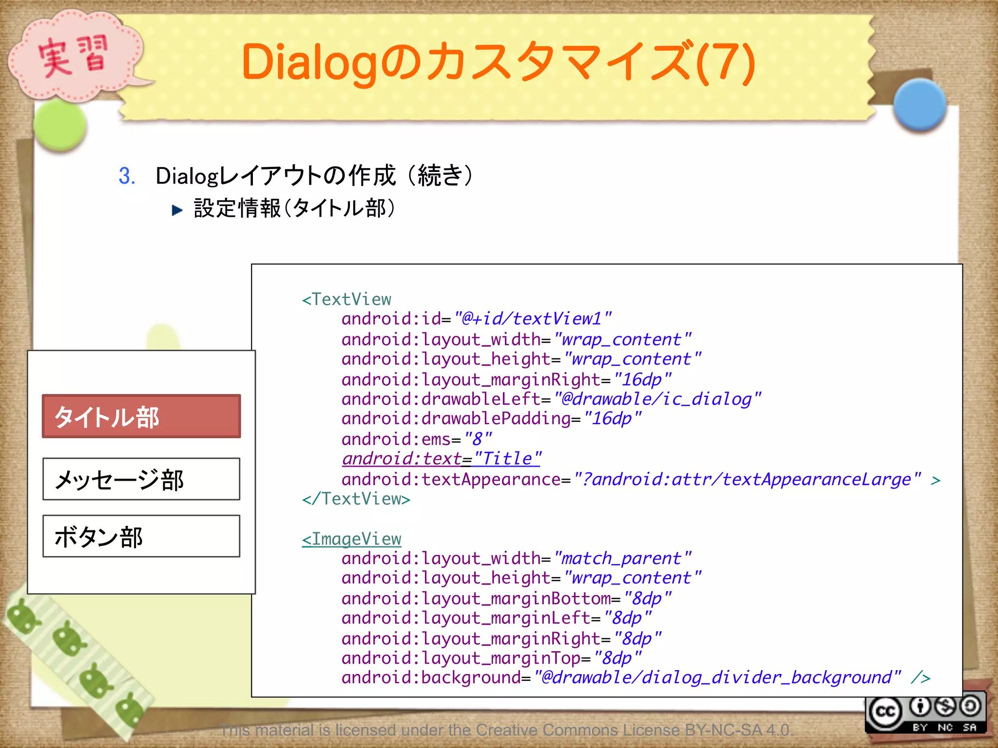 Ⅶ - 131
Dialogのカスタマイズ(7)
3.  Dialogレイアウトの作成 （続き）	
! 設定情報（タイトル部）	
	
<TextView	
android:id="@+id/textView1"	
android:layout_width="wrap_content"	
android:layout_height="wrap_content"	
android:layout_marginRight="16dp"	
android:drawableLeft="@drawable/ic_dialog"	
android:drawablePadding="16dp"	
android:ems="8"	
android:text="Title"	
android:textAppearance="?android:attr/textAppearanceLarge" >	
</TextView>	
	
<ImageView	
android:layout_width="match_parent"	
android:layout_height="wrap_content"	
android:layout_marginBottom="8dp"	
android:layout_marginLeft="8dp"	
android:layout_marginRight="8dp"	
android:layout_marginTop="8dp"	
android:background="@drawable/dialog_divider_background" />	
タイトル部	
メッセージ部	
ボタン部	
This material is licensed under the Creative Commons License BY-NC-SA 4.0.
 