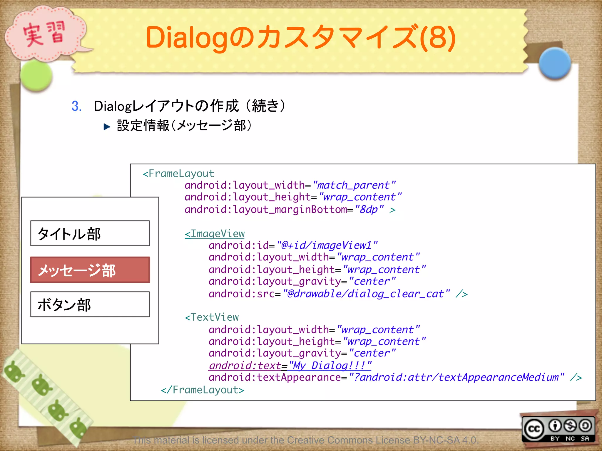 Ⅶ - 132
Dialogのカスタマイズ(8)
3.  Dialogレイアウトの作成 （続き）	
! 設定情報（メッセージ部）	
<FrameLayout	
android:layout_width="match_parent"	
android:layout_height="wrap_content"	
android:layout_marginBottom="8dp" >	
	
<ImageView	
android:id="@+id/imageView1"	
android:layout_width="wrap_content"	
android:layout_height="wrap_content"	
android:layout_gravity="center"	
android:src="@drawable/dialog_clear_cat" />	
	
<TextView	
android:layout_width="wrap_content"	
android:layout_height="wrap_content"	
android:layout_gravity="center"	
android:text="My Dialog!!!"	
android:textAppearance="?android:attr/textAppearanceMedium" />	
</FrameLayout>	
メッセージ部	
タイトル部	
ボタン部	
This material is licensed under the Creative Commons License BY-NC-SA 4.0.
 