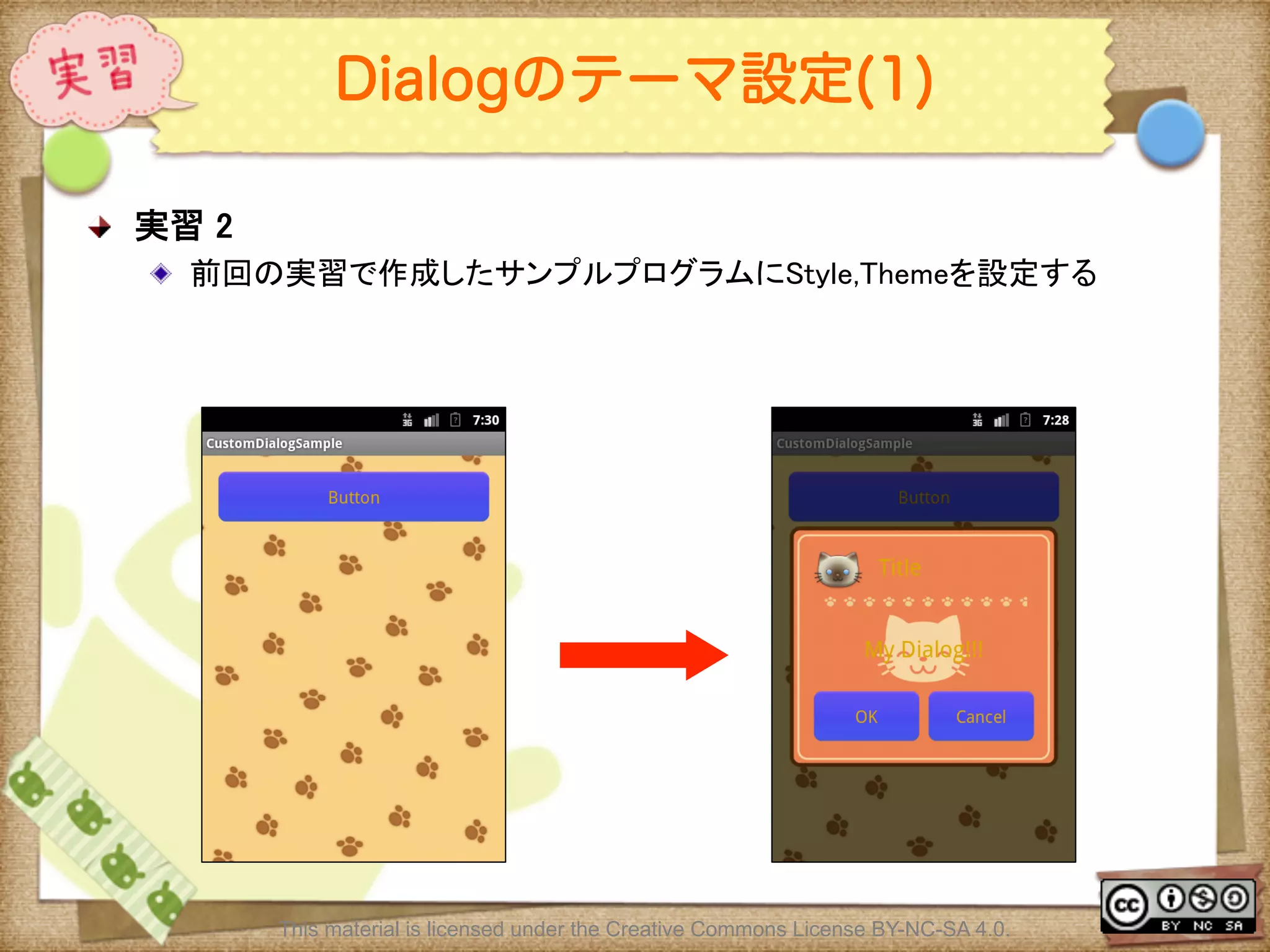 Ⅶ - 138
Dialogのテーマ設定(1)
! 実習 2	
! 前回の実習で作成したサンプルプログラムにStyle,Themeを設定する	
This material is licensed under the Creative Commons License BY-NC-SA 4.0.
 