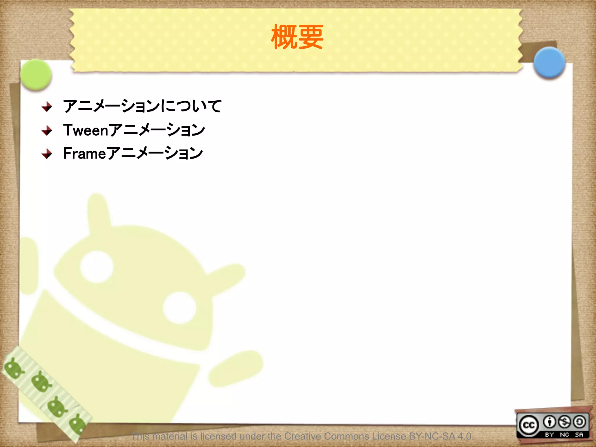 Ⅶ - 145
概要
! アニメーションについて	
! Tweenアニメーション	
! Frameアニメーション	
This material is licensed under the Creative Commons License BY-NC-SA 4.0.
 