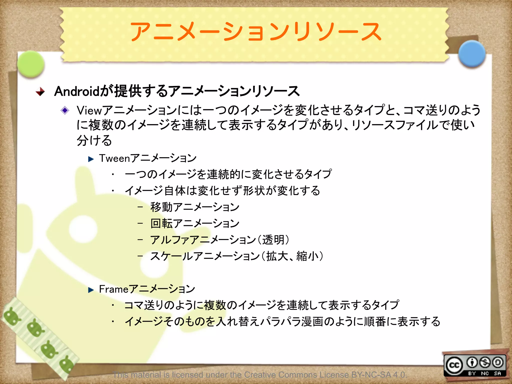 Ⅶ - 149
アニメーションリソース
! Androidが提供するアニメーションリソース	
! Viewアニメーションには一つのイメージを変化させるタイプと、コマ送りのよう
に複数のイメージを連続して表示するタイプがあり、リソースファイルで使い
分ける	
! Tweenアニメーション	
•  一つのイメージを連続的に変化させるタイプ	
•  イメージ自体は変化せず形状が変化する	
–  移動アニメーション	
–  回転アニメーション	
–  アルファアニメーション（透明）	
–  スケールアニメーション（拡大、縮小）	
! Frameアニメーション	
•  コマ送りのように複数のイメージを連続して表示するタイプ	
•  イメージそのものを入れ替えパラパラ漫画のように順番に表示する	
This material is licensed under the Creative Commons License BY-NC-SA 4.0.
 