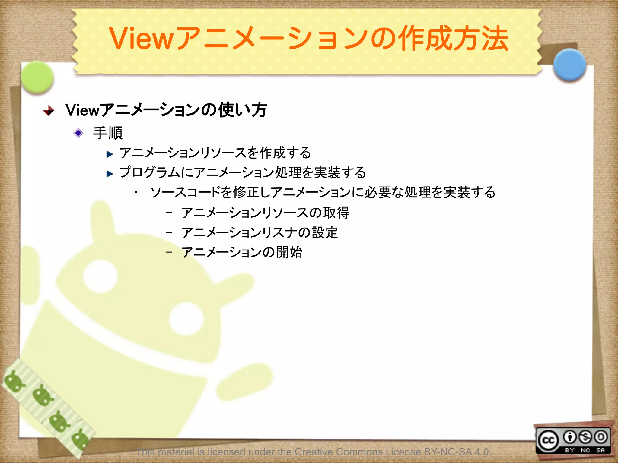 Ⅶ - 151
Viewアニメーションの作成方法
! Viewアニメーションの使い方	
! 手順	
! アニメーションリソースを作成する	
! プログラムにアニメーション処理を実装する	
•  ソースコードを修正しアニメーションに必要な処理を実装する	
–  アニメーションリソースの取得	
–  アニメーションリスナの設定	
–  アニメーションの開始	
This material is licensed under the Creative Commons License BY-NC-SA 4.0.
 