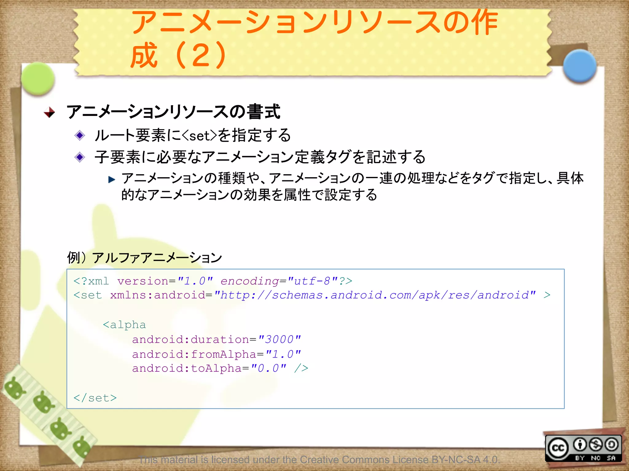 Ⅶ - 153
アニメーションリソースの作
成（２）
! アニメーションリソースの書式	
! ルート要素に<set>を指定する	
! 子要素に必要なアニメーション定義タグを記述する	
! アニメーションの種類や、アニメーションの一連の処理などをタグで指定し、具体
的なアニメーションの効果を属性で設定する	
<?xml version="1.0" encoding="utf-8"?>
<set xmlns:android="http://schemas.android.com/apk/res/android" >
<alpha
android:duration="3000"
android:fromAlpha="1.0"
android:toAlpha="0.0" />
</set>	
例） アルファアニメーション	
This material is licensed under the Creative Commons License BY-NC-SA 4.0.
 