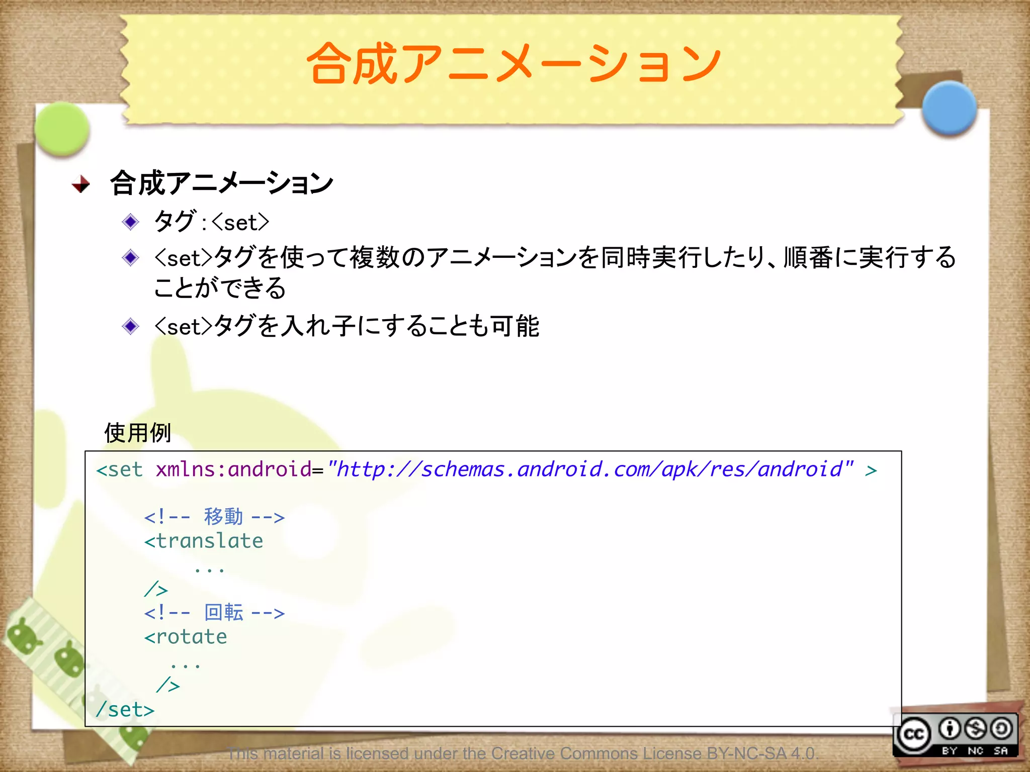 Ⅶ - 162
合成アニメーション
! 合成アニメーション	
! タグ：<set>	
! <set>タグを使って複数のアニメーションを同時実行したり、順番に実行する
ことができる	
! <set>タグを入れ子にすることも可能	
<set xmlns:android="http://schemas.android.com/apk/res/android" >	
	
<!-- 移動 -->	
<translate	
...	
/>	
<!-- 回転 -->	
<rotate	
...	
/>	
/set>
使用例	
This material is licensed under the Creative Commons License BY-NC-SA 4.0.
 