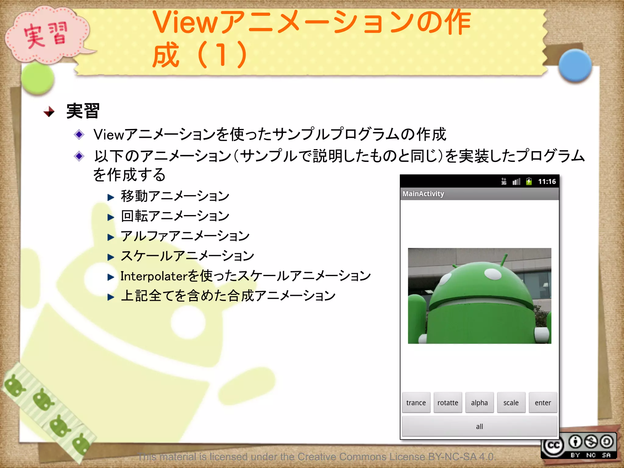 Ⅶ - 164
Viewアニメーションの作
成（１）
! 実習	
! Viewアニメーションを使ったサンプルプログラムの作成	
! 以下のアニメーション（サンプルで説明したものと同じ）を実装したプログラム
を作成する	
! 移動アニメーション	
! 回転アニメーション	
! アルファアニメーション	
! スケールアニメーション	
! Interpolaterを使ったスケールアニメーション	
! 上記全てを含めた合成アニメーション	
This material is licensed under the Creative Commons License BY-NC-SA 4.0.
 