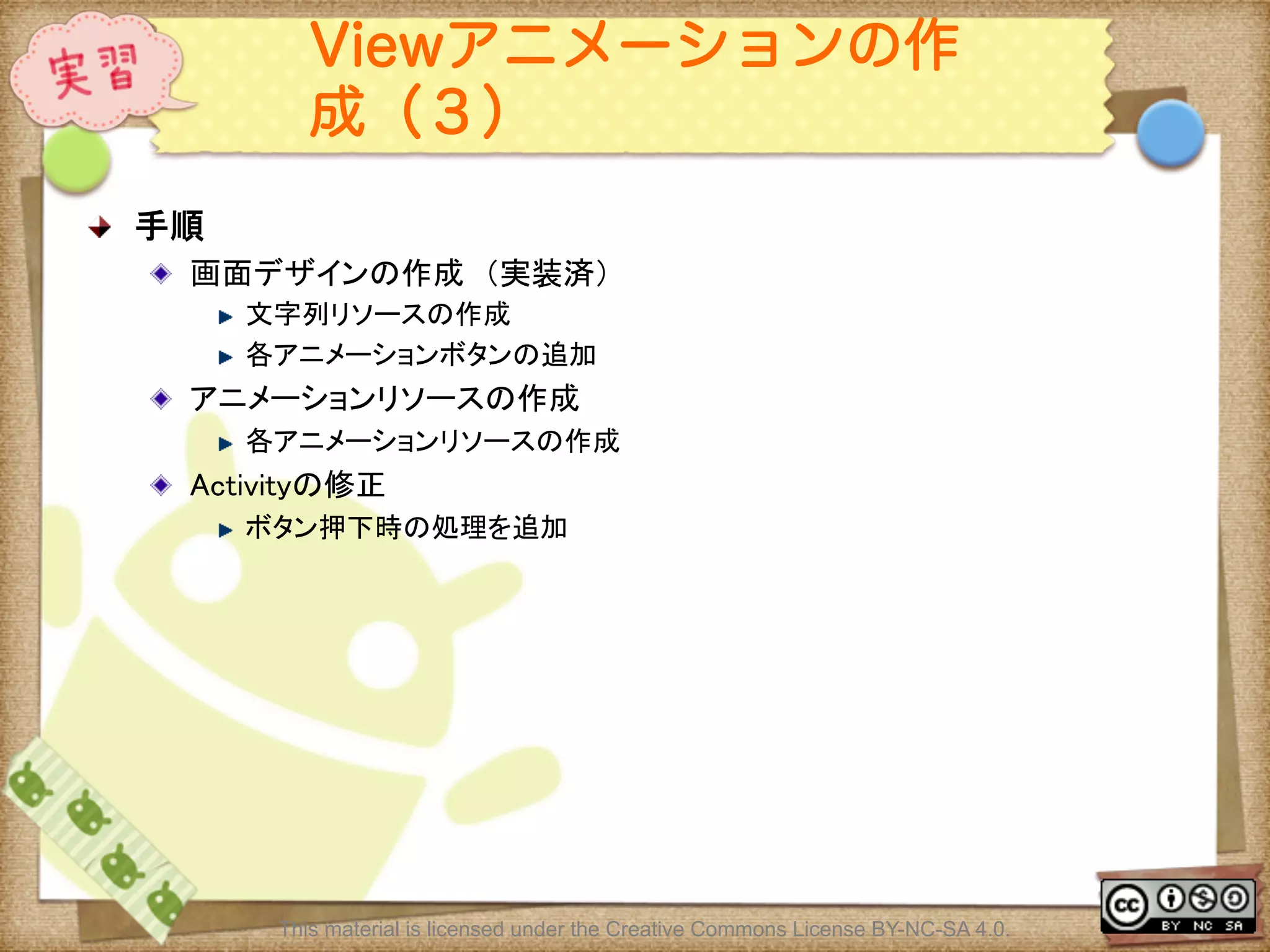 Ⅶ - 166
Viewアニメーションの作
成（３）
! 手順	
! 画面デザインの作成 （実装済）	
! 文字列リソースの作成	
! 各アニメーションボタンの追加	
! アニメーションリソースの作成	
! 各アニメーションリソースの作成	
! Activityの修正	
! ボタン押下時の処理を追加	
This material is licensed under the Creative Commons License BY-NC-SA 4.0.
 