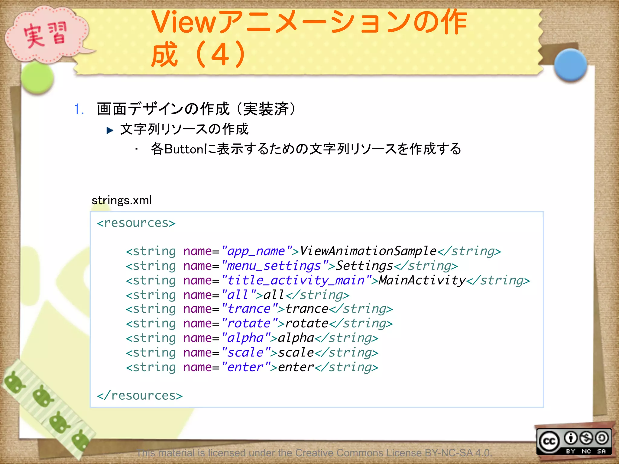 Ⅶ - 167
Viewアニメーションの作
成（４）
1.  画面デザインの作成 （実装済）	
! 文字列リソースの作成	
•  各Buttonに表示するための文字列リソースを作成する	
<resources>	
	
<string name="app_name">ViewAnimationSample</string>	
<string name="menu_settings">Settings</string>	
<string name="title_activity_main">MainActivity</string>	
<string name="all">all</string>	
<string name="trance">trance</string>	
<string name="rotate">rotate</string>	
<string name="alpha">alpha</string>	
<string name="scale">scale</string>	
<string name="enter">enter</string>	
	
</resources>	
strings.xml	
This material is licensed under the Creative Commons License BY-NC-SA 4.0.
 
