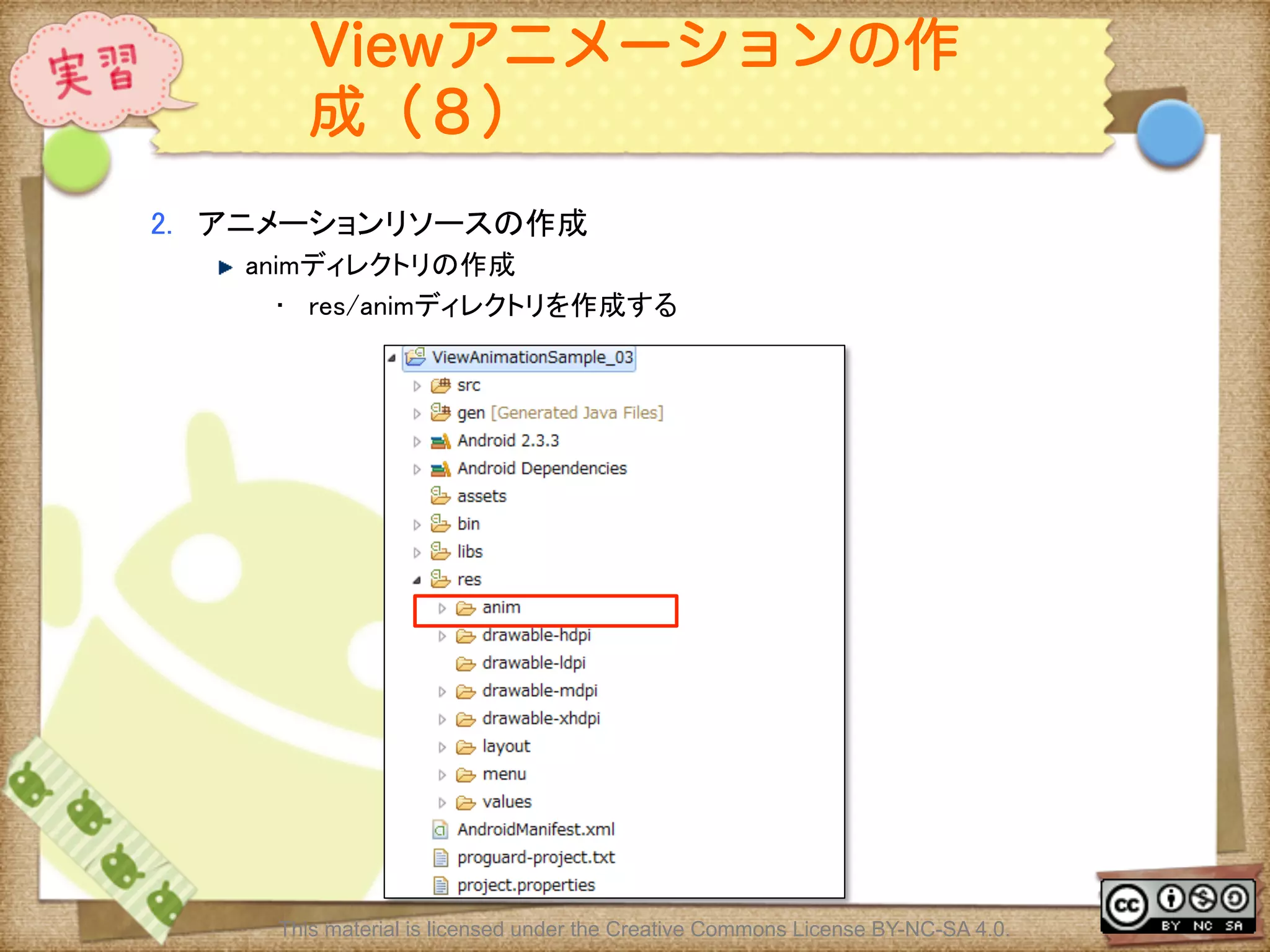 Ⅶ - 171
Viewアニメーションの作
成（８）
2.  アニメーションリソースの作成	
! animディレクトリの作成	
•  res/animディレクトリを作成する	
This material is licensed under the Creative Commons License BY-NC-SA 4.0.
 