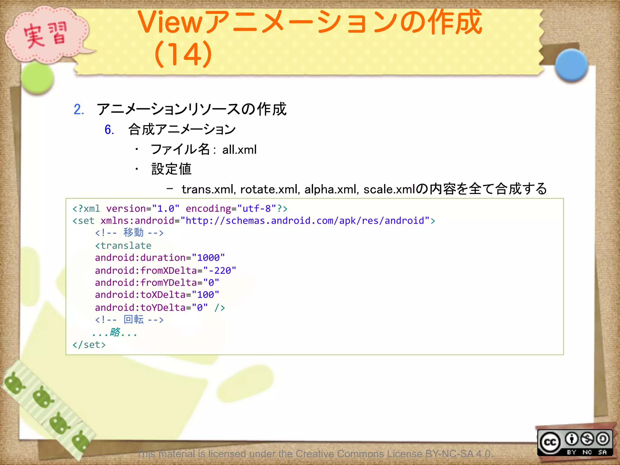 Ⅶ - 177
Viewアニメーションの作成
（14）
2.  アニメーションリソースの作成	
6.  合成アニメーション	
•  ファイル名： all.xml	
•  設定値	
–  trans.xml, rotate.xml, alpha.xml, scale.xmlの内容を全て合成する	
<?xml	
  version="1.0"	
  encoding="utf-­‐8"?>	
  
<set	
  xmlns:android="http://schemas.android.com/apk/res/android">	
  
	
  	
  	
  	
  <!-­‐-­‐	
  移動 -­‐-­‐>	
  
	
  	
  	
  	
  <translate	
  	
  
	
  	
  	
  	
  android:duration="1000"	
  
	
  	
  	
  	
  android:fromXDelta="-­‐220"	
  
	
  	
  	
  	
  android:fromYDelta="0"	
  
	
  	
  	
  	
  android:toXDelta="100"	
  
	
  	
  	
  	
  android:toYDelta="0"	
  />	
  
	
  	
  	
  	
  <!-­‐-­‐	
  回転 -­‐-­‐>	
  
...略...	
</set>	
This material is licensed under the Creative Commons License BY-NC-SA 4.0.
 