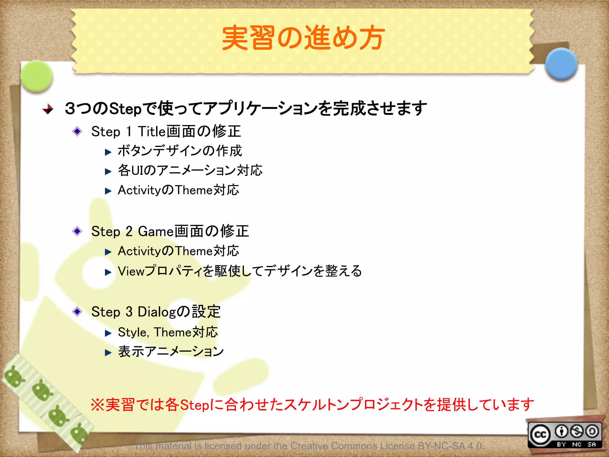 Ⅶ - 185
実習の進め方
! ３つのStepで使ってアプリケーションを完成させます	
! Step 1 Title画面の修正	
! ボタンデザインの作成	
! 各UIのアニメーション対応	
! ActivityのTheme対応	
! Step 2 Game画面の修正	
! ActivityのTheme対応	
! Viewプロパティを駆使してデザインを整える	
! Step 3 Dialogの設定	
! Style, Theme対応	
! 表示アニメーション	
※実習では各Stepに合わせたスケルトンプロジェクトを提供しています	
This material is licensed under the Creative Commons License BY-NC-SA 4.0.
 