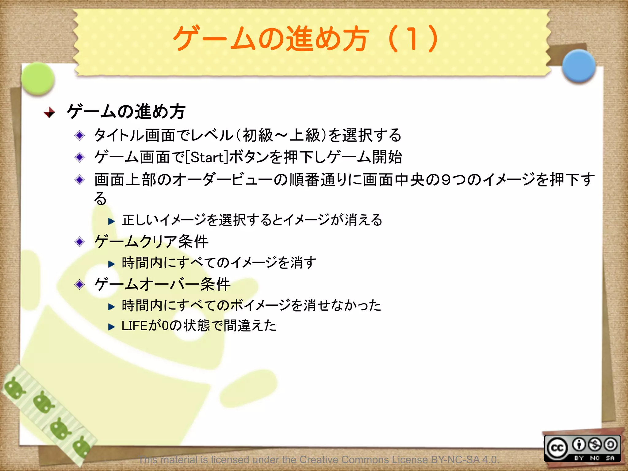 Ⅶ - 187
ゲームの進め方（１）
! ゲームの進め方	
! タイトル画面でレベル（初級〜上級）を選択する	
! ゲーム画面で[Start]ボタンを押下しゲーム開始	
! 画面上部のオーダービューの順番通りに画面中央の９つのイメージを押下す
る	
! 正しいイメージを選択するとイメージが消える	
! ゲームクリア条件	
! 時間内にすべてのイメージを消す	
! ゲームオーバー条件	
! 時間内にすべてのボイメージを消せなかった	
! LIFEが0の状態で間違えた	
	
This material is licensed under the Creative Commons License BY-NC-SA 4.0.
 