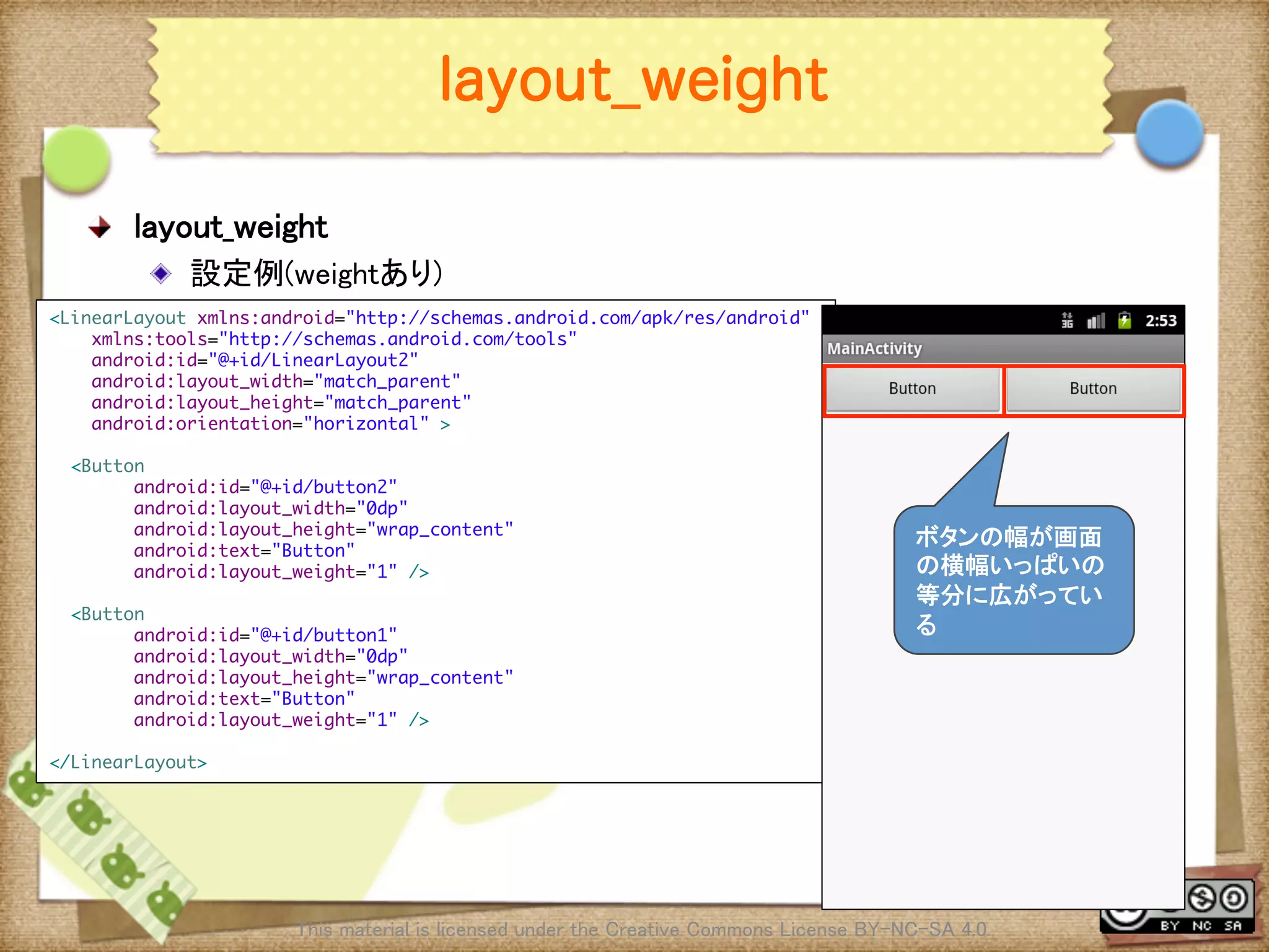 Ⅶ - 19
layout_weight
! layout_weight	
! 設定例(weightあり)	
This material is licensed under the Creative Commons License BY-NC-SA 4.0. 	
<LinearLayout xmlns:android="http://schemas.android.com/apk/res/android"	
xmlns:tools="http://schemas.android.com/tools"	
android:id="@+id/LinearLayout2"	
android:layout_width="match_parent"	
android:layout_height="match_parent"	
android:orientation="horizontal" >	
	
<Button	
android:id="@+id/button2"	
android:layout_width="0dp"	
android:layout_height="wrap_content"	
android:text="Button"	
android:layout_weight="1" />	
	
<Button	
android:id="@+id/button1"	
android:layout_width="0dp"	
android:layout_height="wrap_content"	
android:text="Button"	
android:layout_weight="1" />	
	
</LinearLayout>	
ボタンの幅が画面
の横幅いっぱいの
等分に広がってい
る	
 