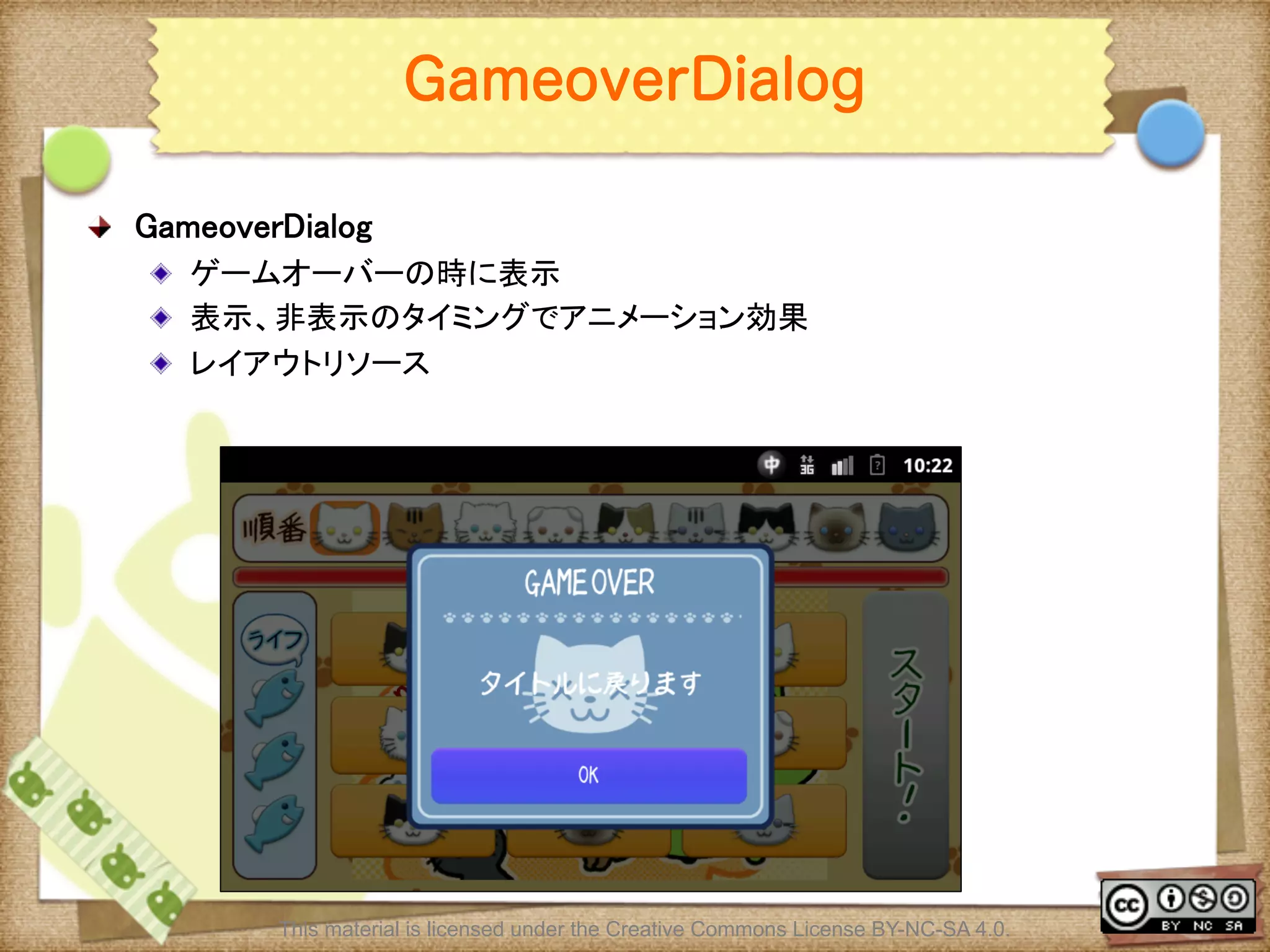 Ⅶ - 200
GameoverDialog
! GameoverDialog	
! ゲームオーバーの時に表示	
! 表示、非表示のタイミングでアニメーション効果	
! レイアウトリソース	
This material is licensed under the Creative Commons License BY-NC-SA 4.0.
 