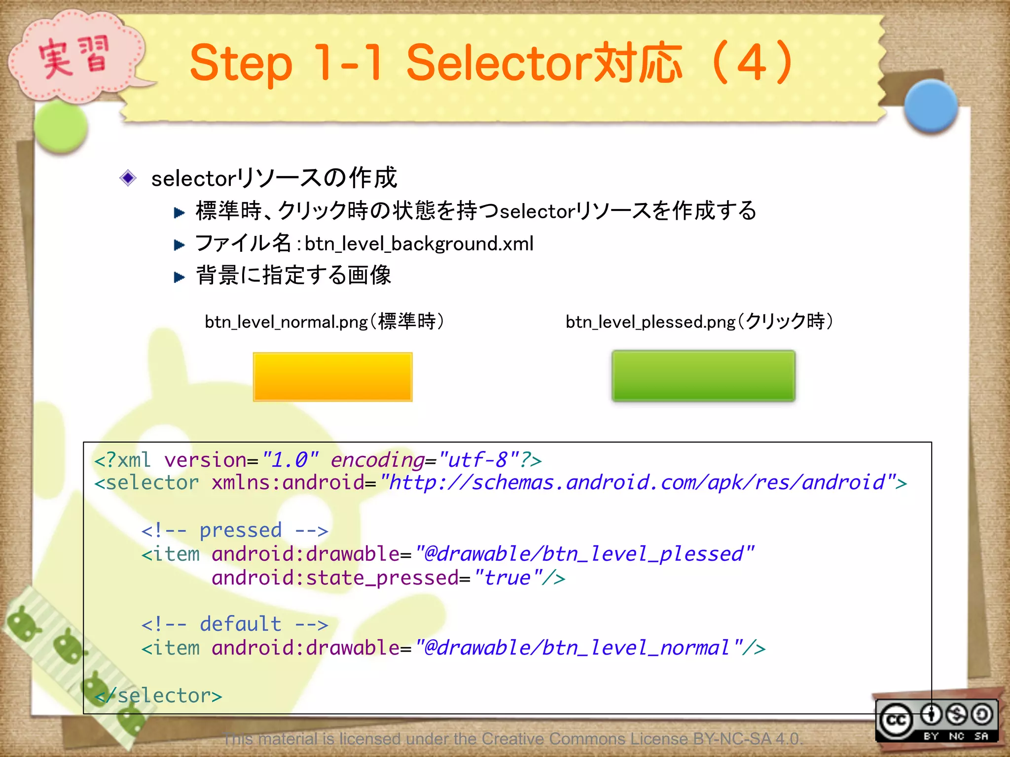 Ⅶ - 212
Step 1-1 Selector対応（４）
! selectorリソースの作成	
! 標準時、クリック時の状態を持つselectorリソースを作成する	
! ファイル名：btn_level_background.xml	
! 背景に指定する画像	
This material is licensed under the Creative Commons License BY-NC-SA 4.0.
btn_level_normal.png（標準時）	
 btn_level_plessed.png（クリック時）	
<?xml version="1.0" encoding="utf-8"?>	
<selector xmlns:android="http://schemas.android.com/apk/res/android">	
	
<!-- pressed -->	
<item android:drawable="@drawable/btn_level_plessed"	
android:state_pressed="true"/>	
	
<!-- default -->	
<item android:drawable="@drawable/btn_level_normal"/>	
	
</selector>	
 