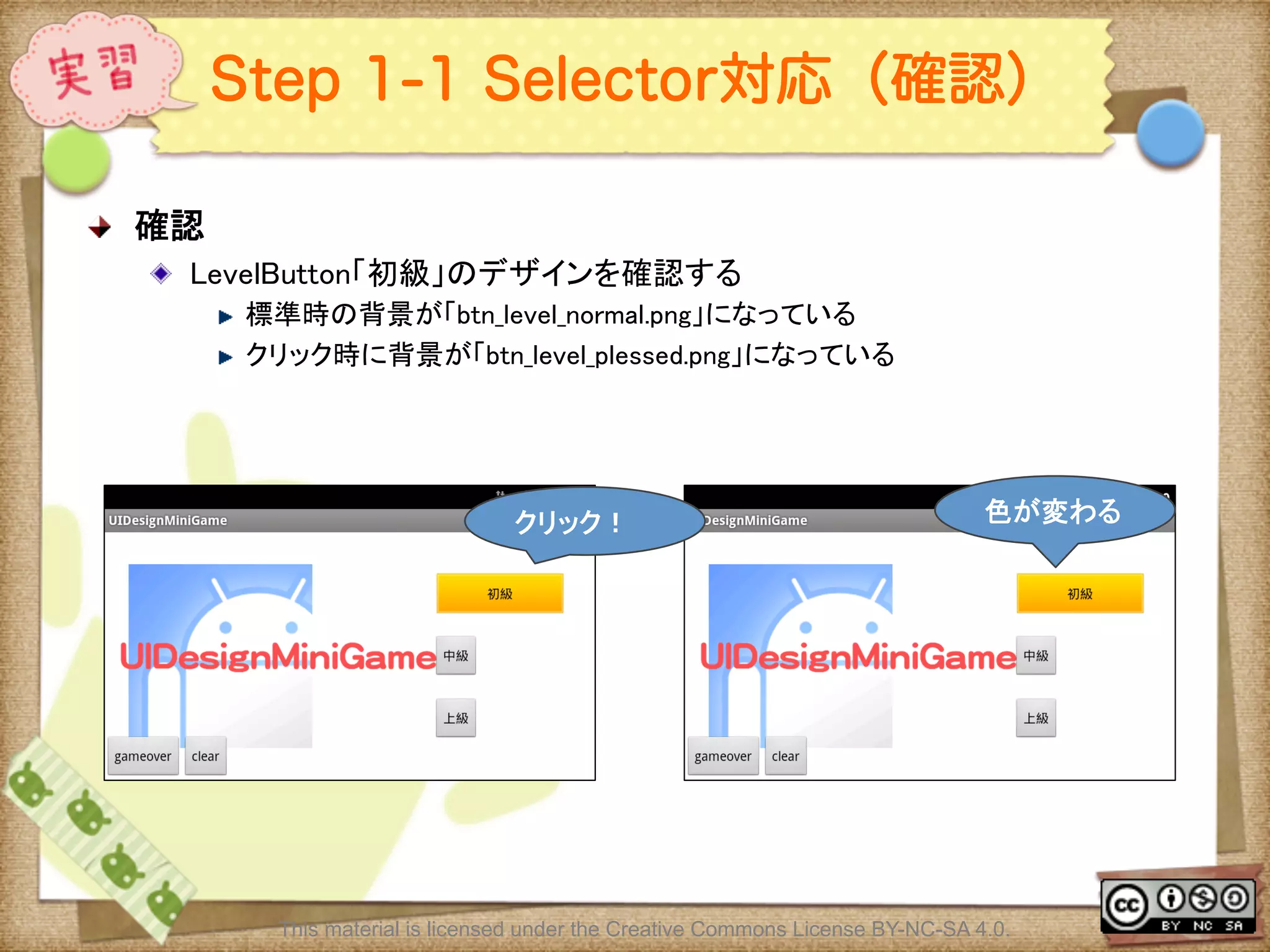 Ⅶ - 214
Step 1-1 Selector対応（確認）
! 確認	
! LevelButton「初級」のデザインを確認する	
! 標準時の背景が「btn_level_normal.png」になっている	
! クリック時に背景が「btn_level_plessed.png」になっている	
	
This material is licensed under the Creative Commons License BY-NC-SA 4.0.
クリック！	
 色が変わる	
 