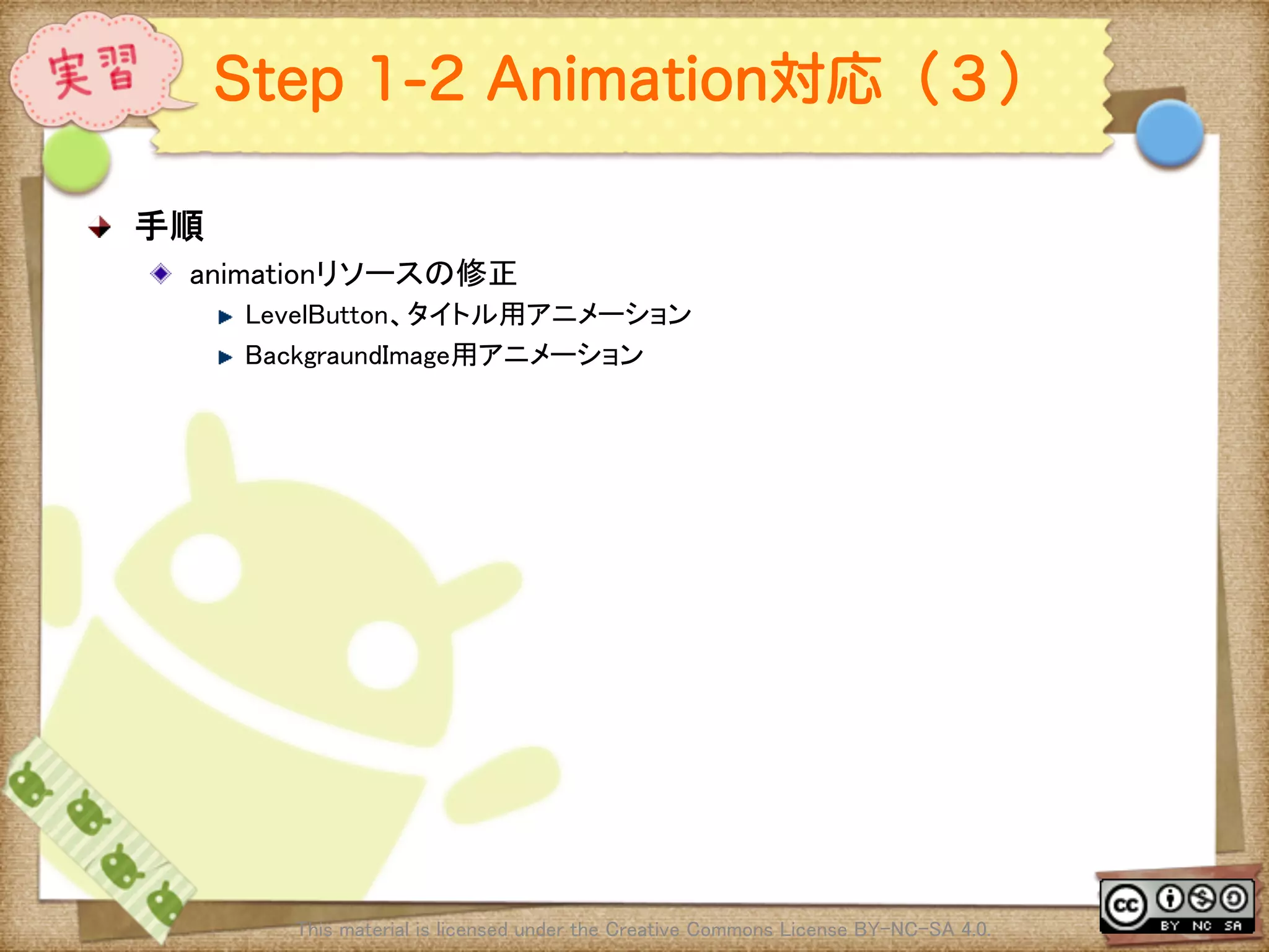 Ⅶ - 217
Step 1-2 Animation対応（３）
! 手順	
! animationリソースの修正	
! LevelButton、タイトル用アニメーション	
! BackgraundImage用アニメーション	
This material is licensed under the Creative Commons License BY-NC-SA 4.0. 	
 