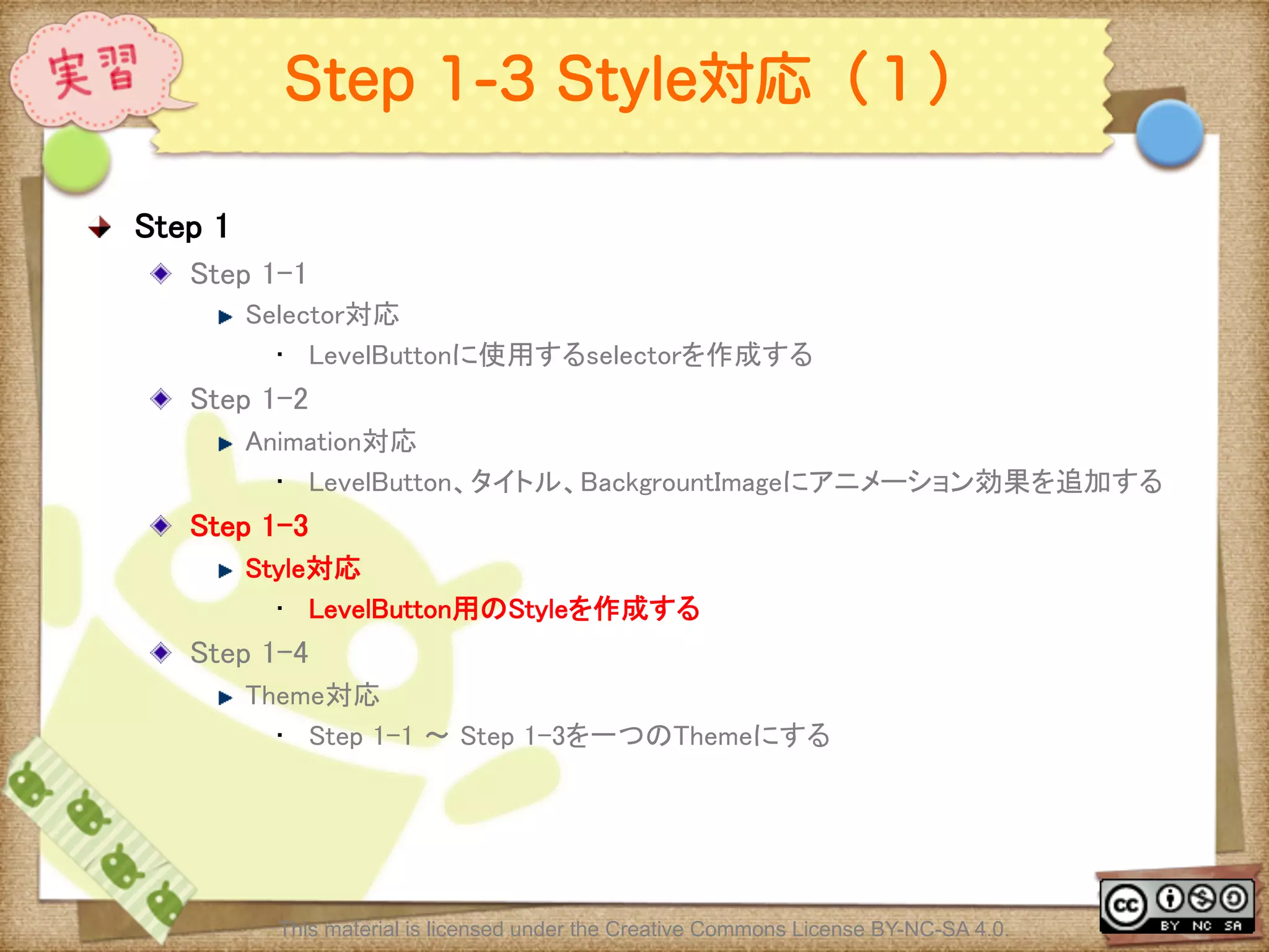 Ⅶ - 221
Step 1-3 Style対応（１）
! Step 1	
! Step 1-1 	
! Selector対応	
•  LevelButtonに使用するselectorを作成する	
! Step 1-2 	
! Animation対応	
•  LevelButton、タイトル、BackgrountImageにアニメーション効果を追加する	
! Step 1-3 	
! Style対応	
•  LevelButton用のStyleを作成する	
! Step 1-4 	
! Theme対応	
•  Step 1-1 〜 Step 1-3を一つのThemeにする	
This material is licensed under the Creative Commons License BY-NC-SA 4.0.
 