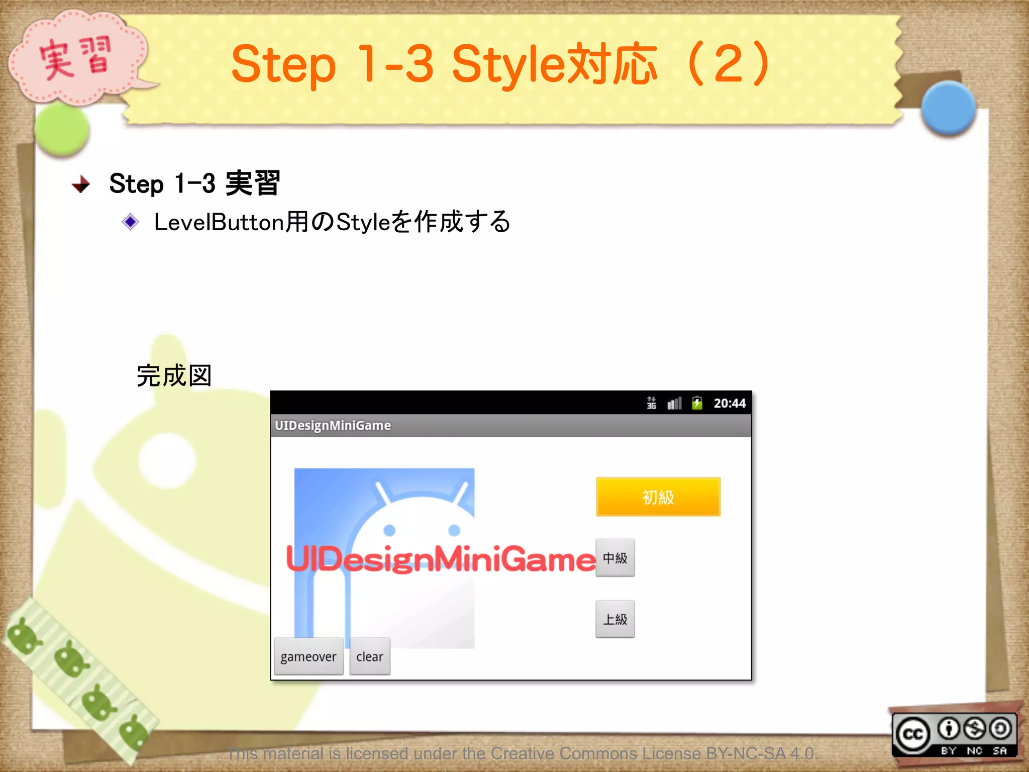 Ⅶ - 222
Step 1-3 Style対応（２）
! Step 1-3 実習	
! LevelButton用のStyleを作成する	
	
This material is licensed under the Creative Commons License BY-NC-SA 4.0.
完成図	
 