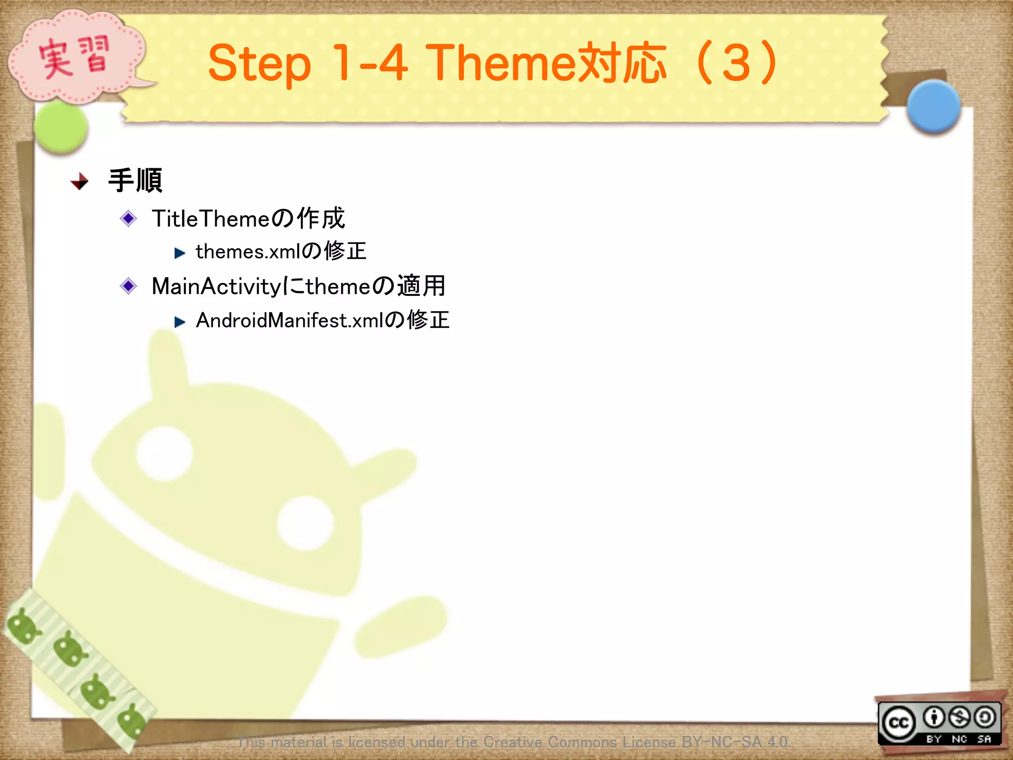 Ⅶ - 230
Step 1-4 Theme対応（３）
! 手順	
! TitleThemeの作成	
! themes.xmlの修正	
! MainActivityにthemeの適用	
! AndroidManifest.xmlの修正	
This material is licensed under the Creative Commons License BY-NC-SA 4.0. 	
 