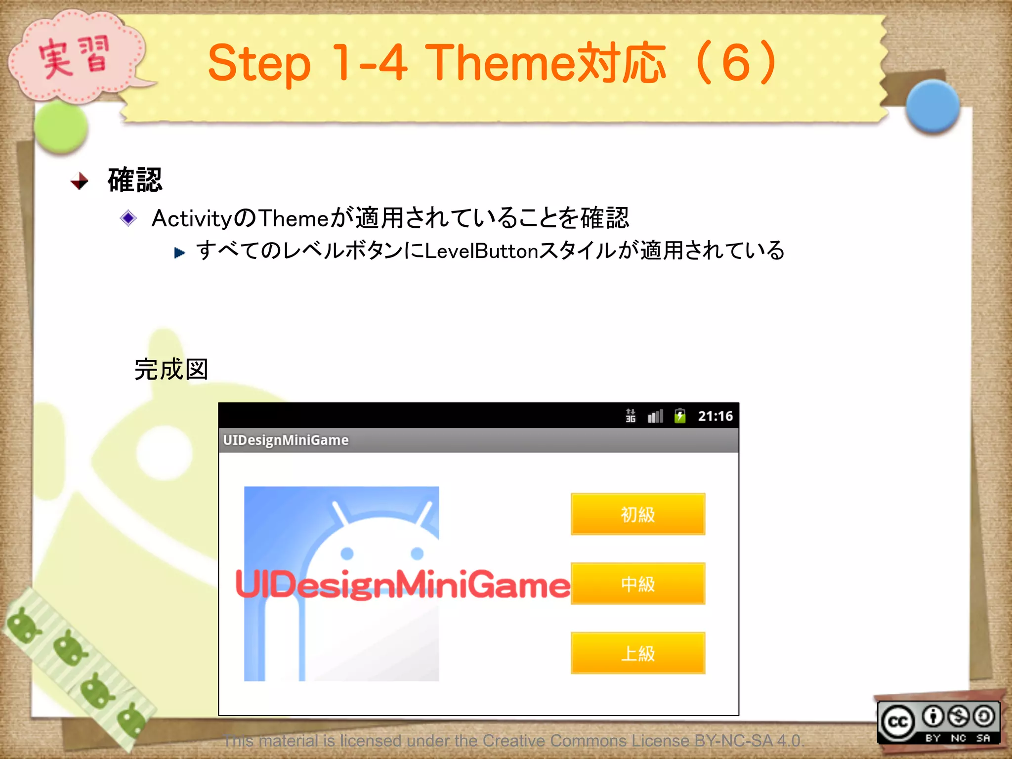 Ⅶ - 233
Step 1-4 Theme対応（６）
! 確認	
! ActivityのThemeが適用されていることを確認	
! すべてのレベルボタンにLevelButtonスタイルが適用されている	
This material is licensed under the Creative Commons License BY-NC-SA 4.0.
完成図	
 